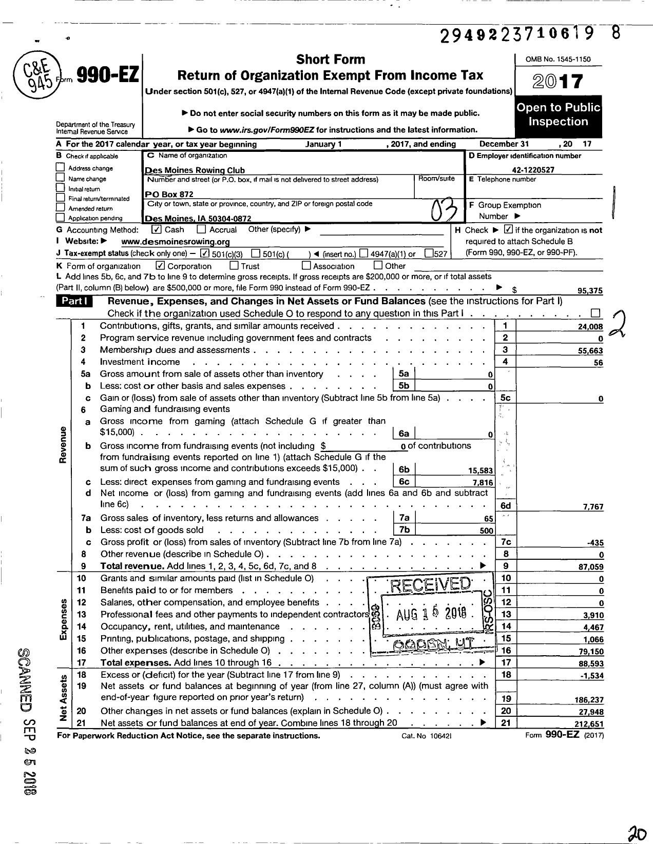 Image of first page of 2017 Form 990EZ for Des Moines Rowing Club