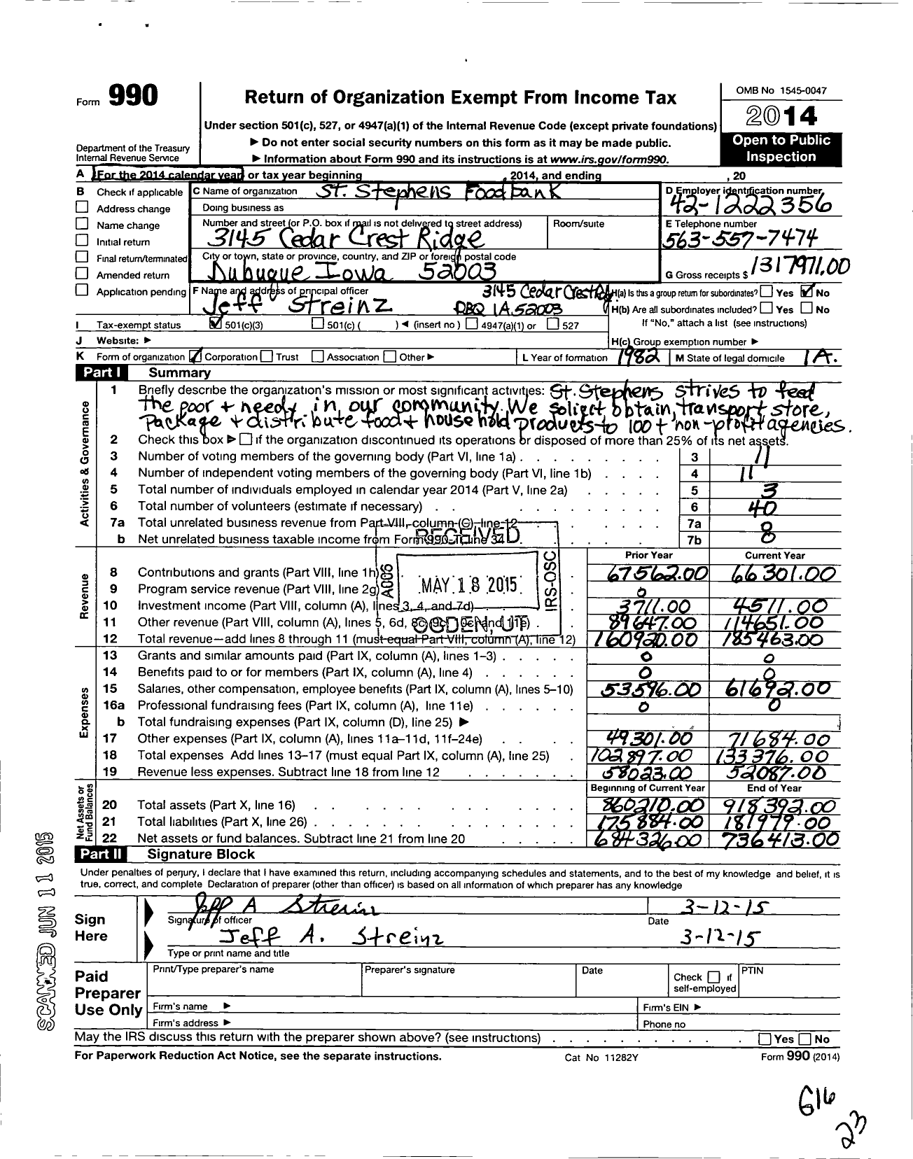 Image of first page of 2014 Form 990 for St Stephens Foodbank