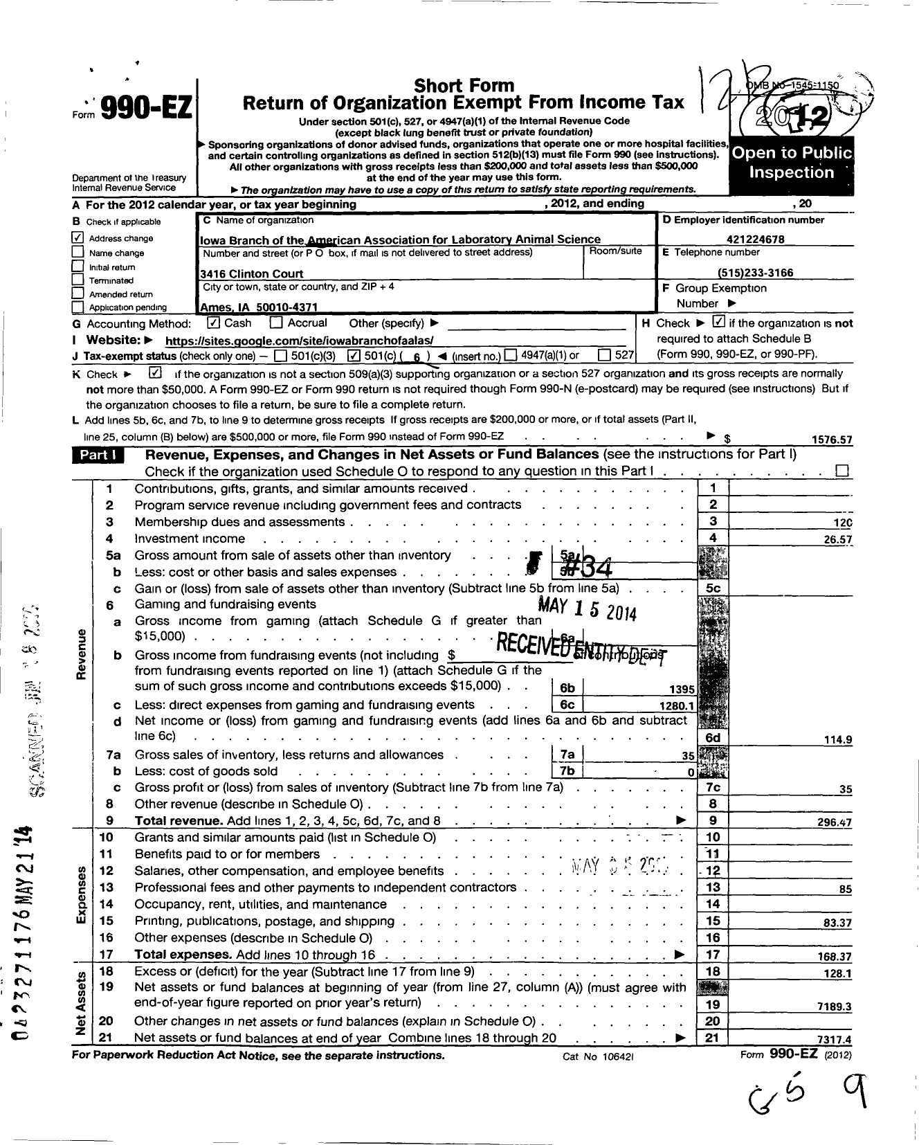 Image of first page of 2012 Form 990EO for American Association for Laboratory Animal Science / Iowa Branch