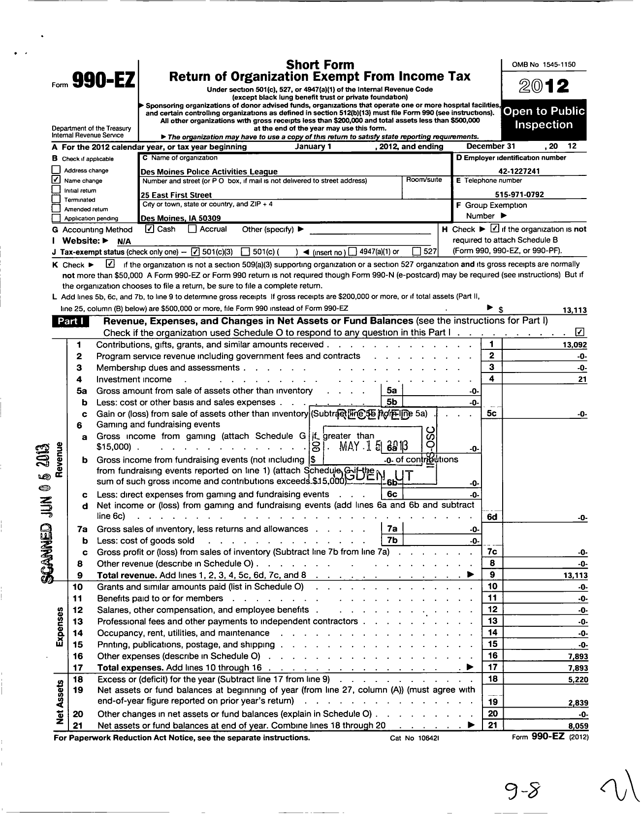 Image of first page of 2012 Form 990EZ for Des Moines Police Activities League