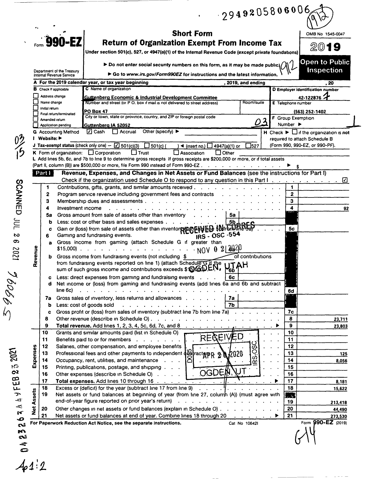 Image of first page of 2019 Form 990EZ for Guttenberg Economic & Industrial Development Committee (GEIDC)