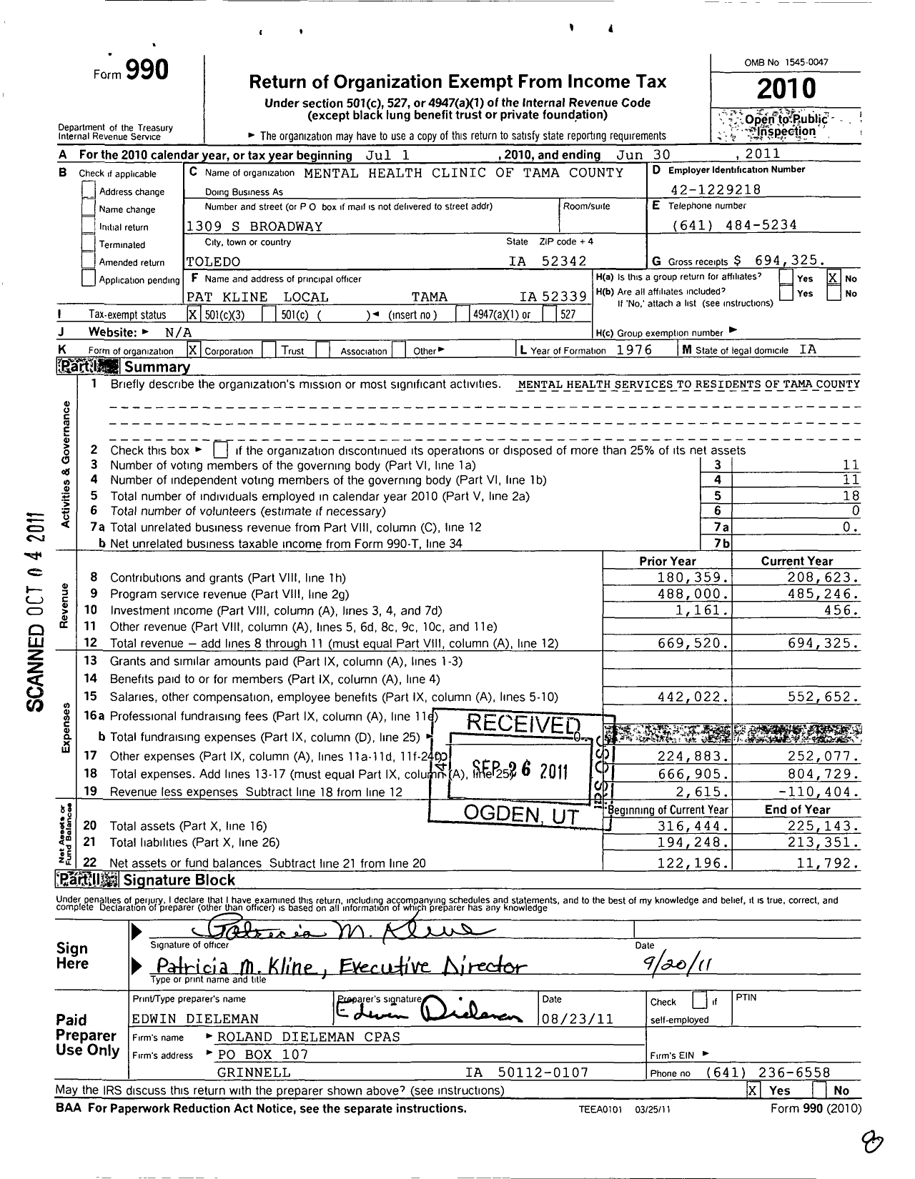 Image of first page of 2010 Form 990 for Mental Health Clinic of Tama County