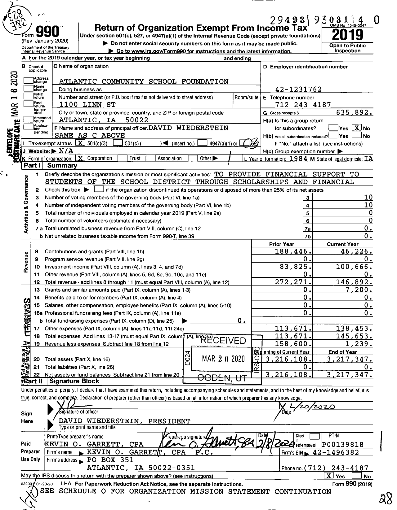 Image of first page of 2019 Form 990 for Atlantic Community School Foundation