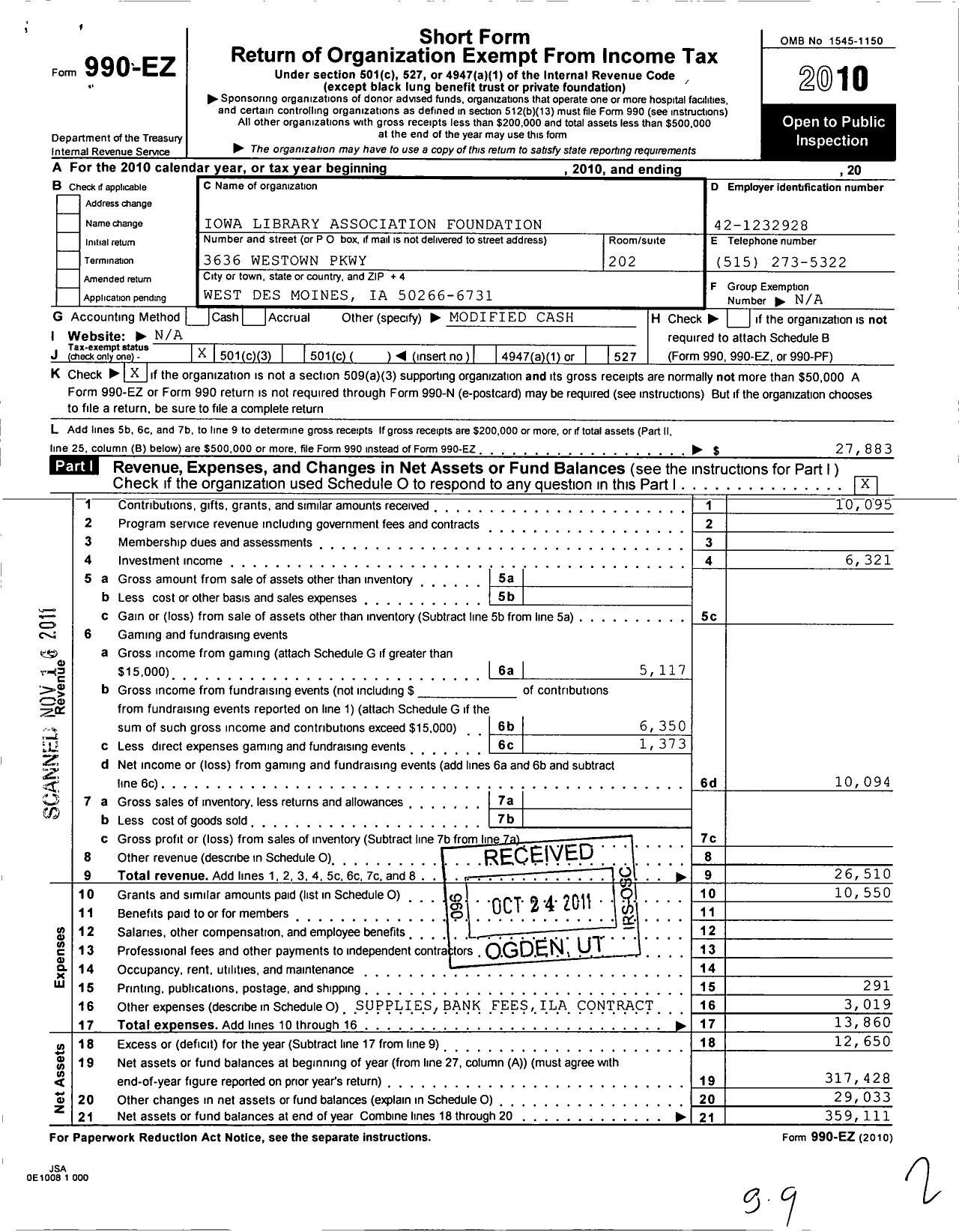 Image of first page of 2010 Form 990EZ for Iowa Library Association Foundation