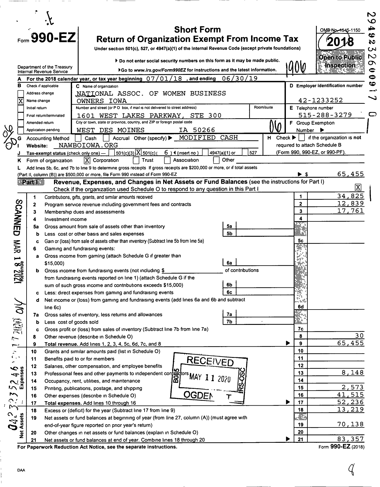 Image of first page of 2018 Form 990EO for National Association of Women Business Owners Iowa