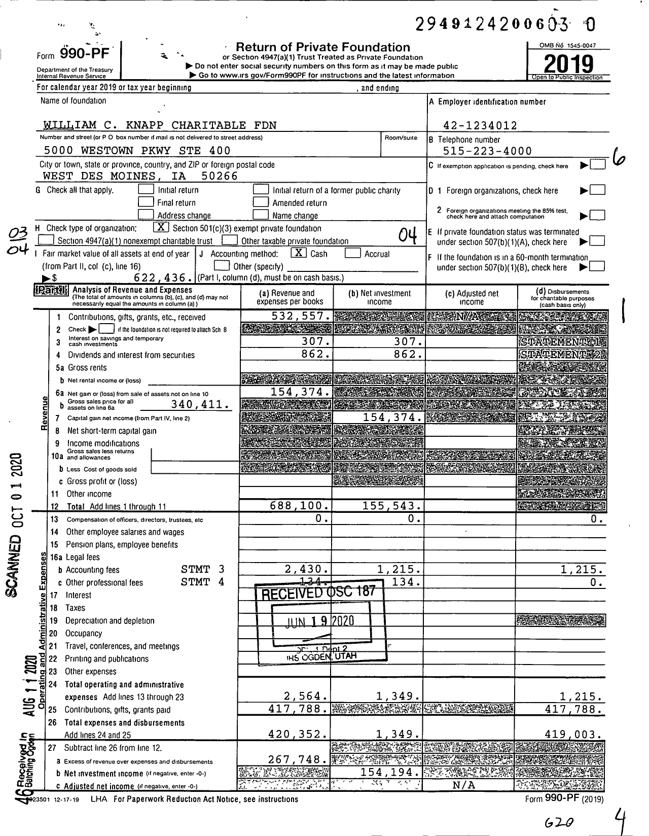 Image of first page of 2019 Form 990PR for William C Knapp Charitable Foundation