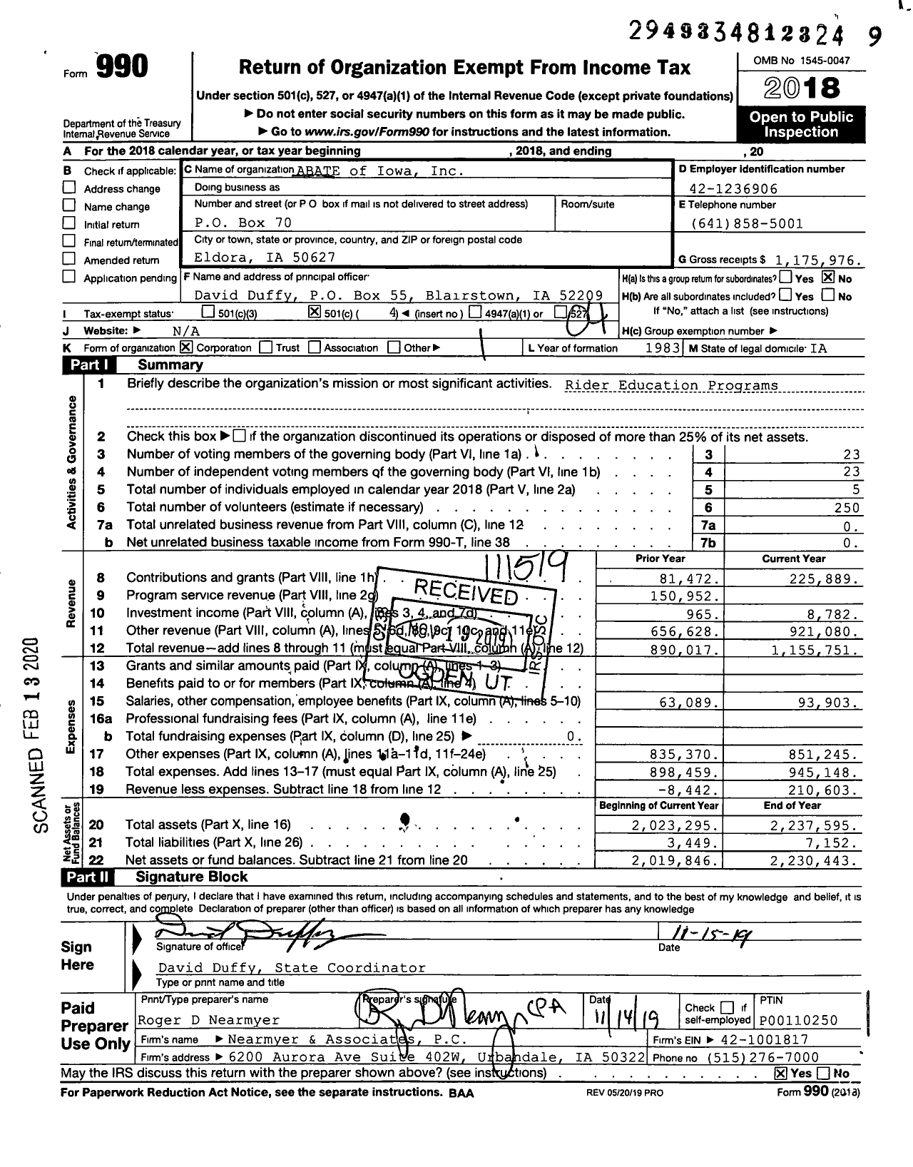 Image of first page of 2018 Form 990O for Abate of Iowa