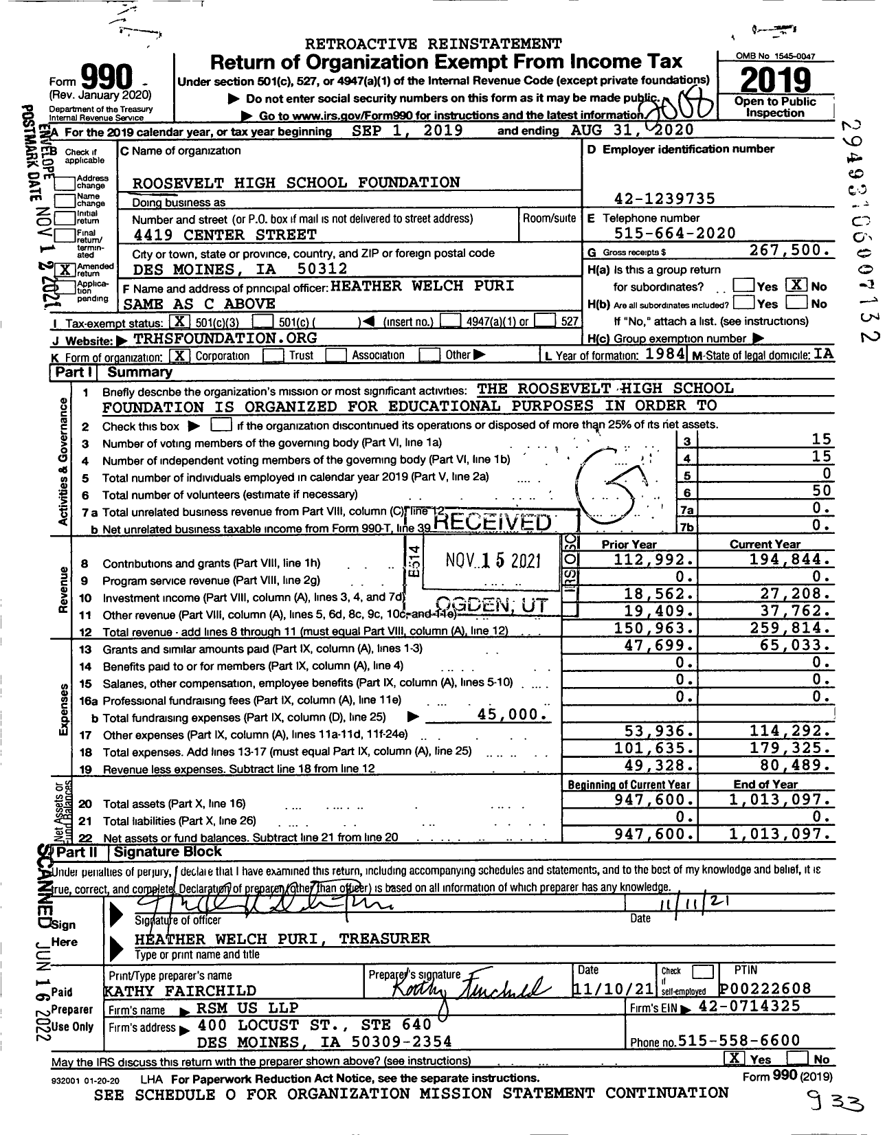 Image of first page of 2019 Form 990 for Roosevelt High School Foundation