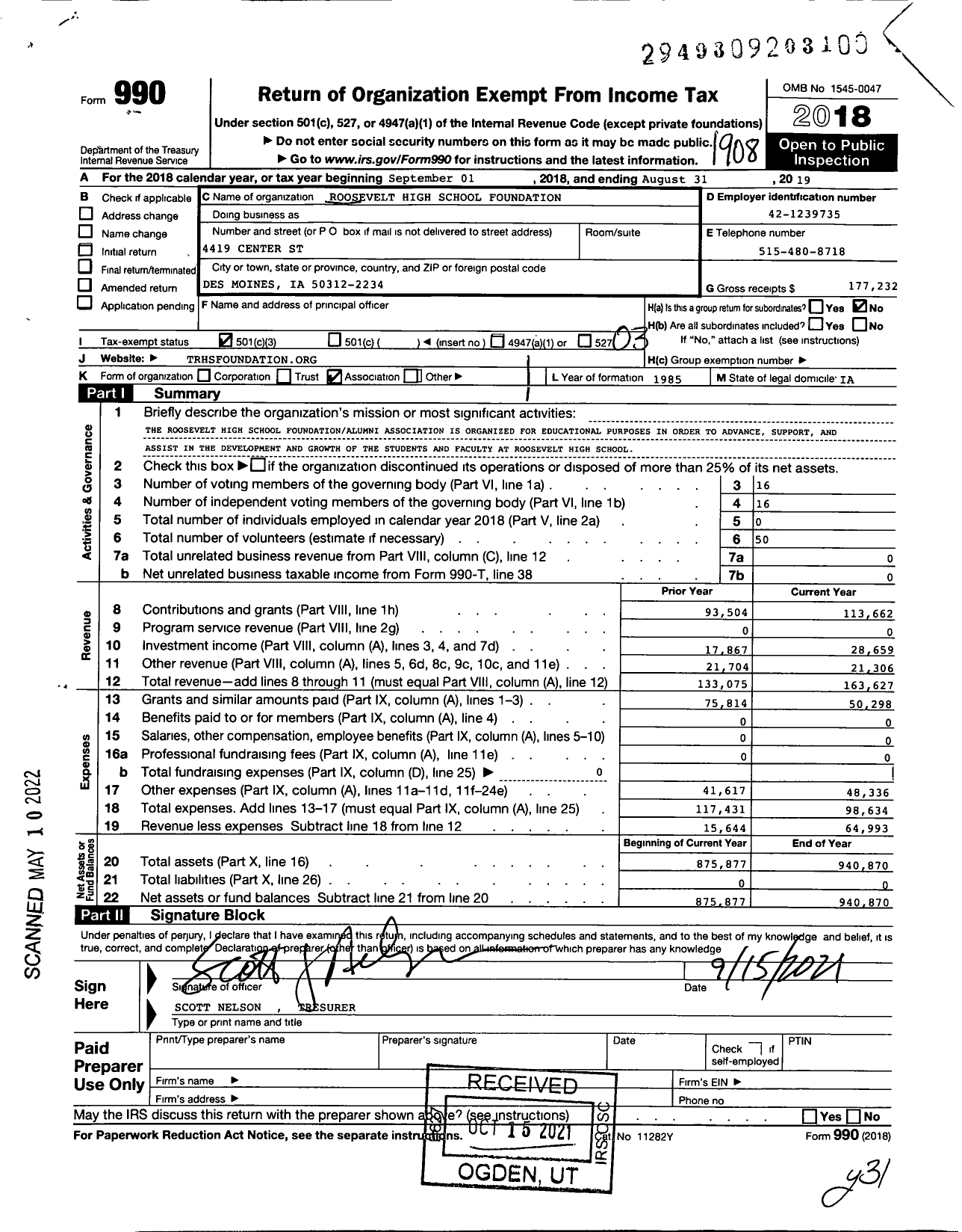 Image of first page of 2018 Form 990 for Roosevelt High School Foundation