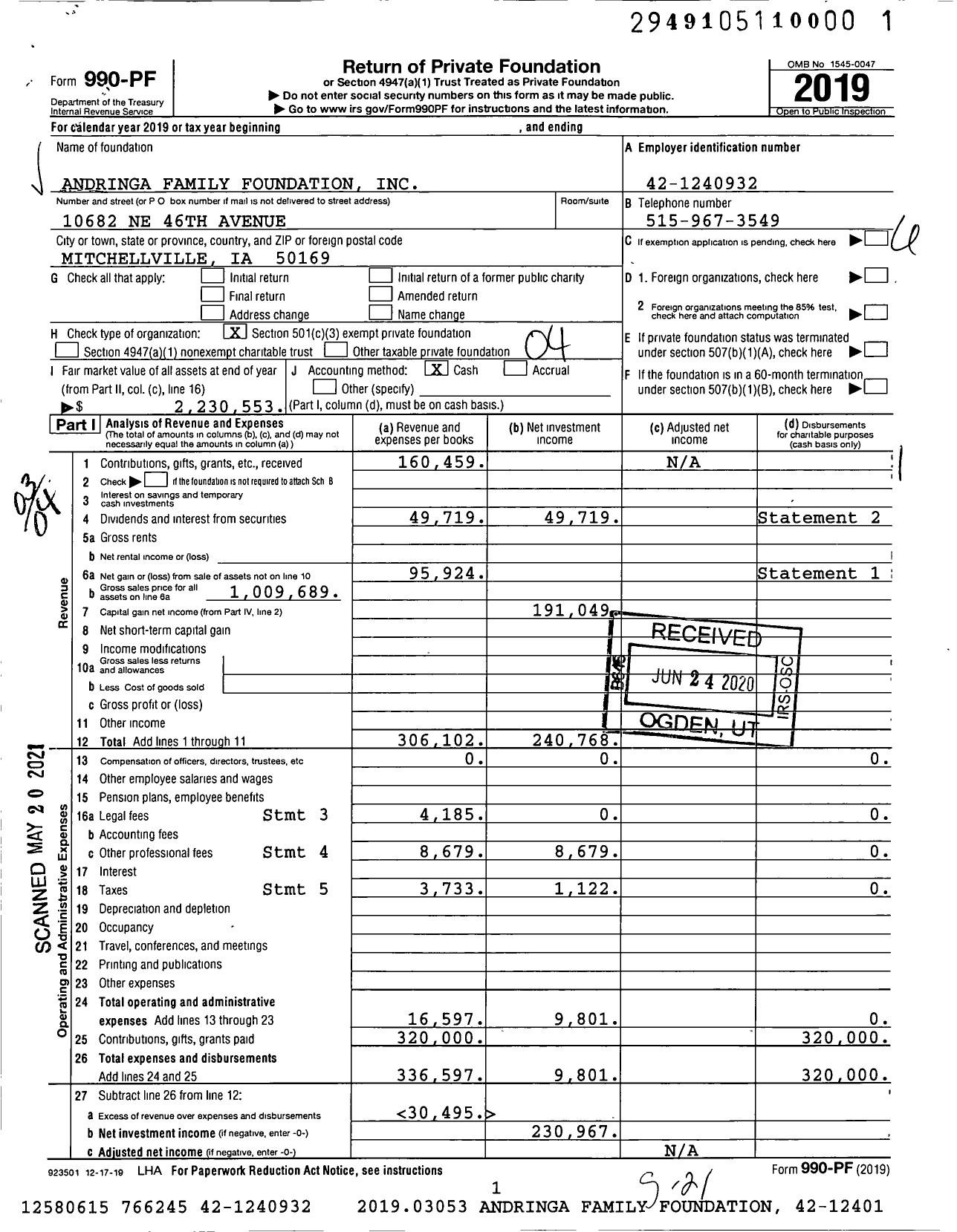 Image of first page of 2019 Form 990PF for Andringa Family Foundation