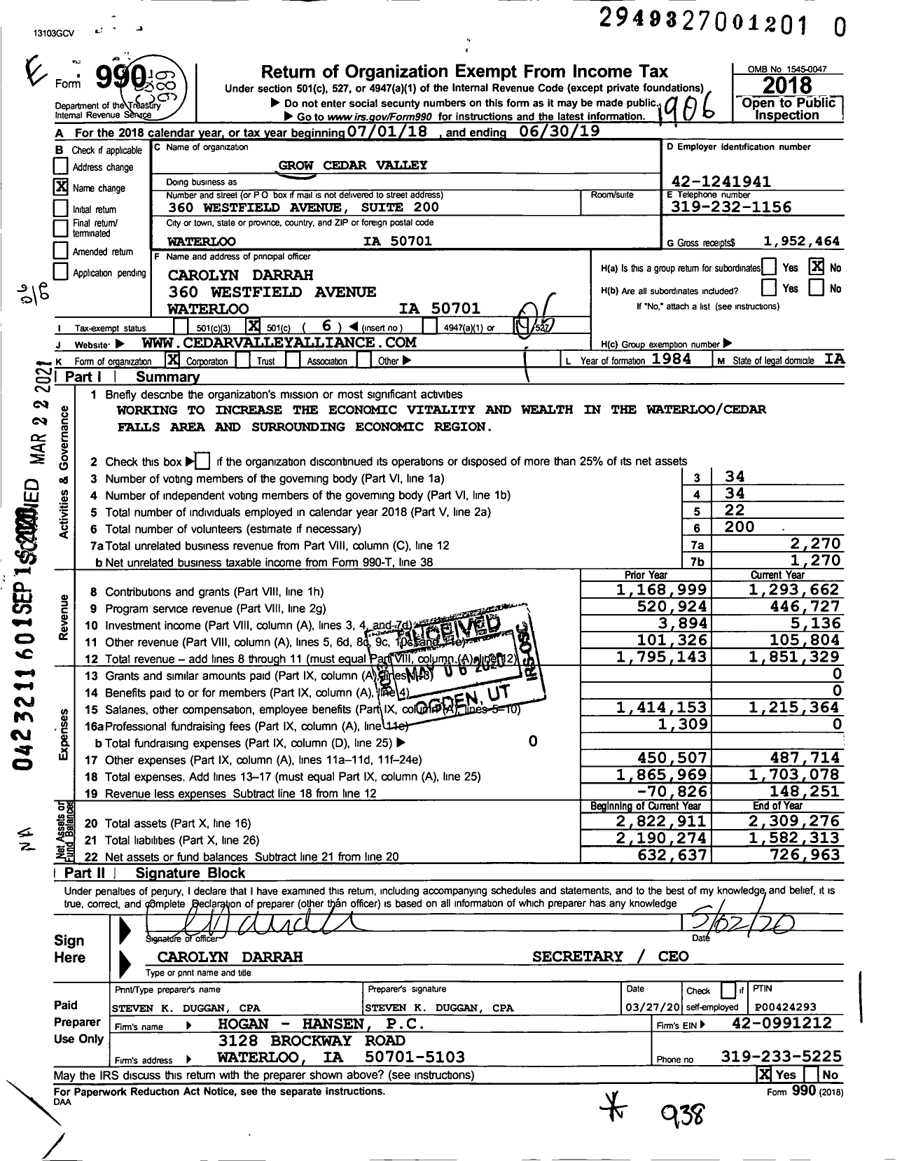 Image of first page of 2018 Form 990O for Grow Cedar Valley