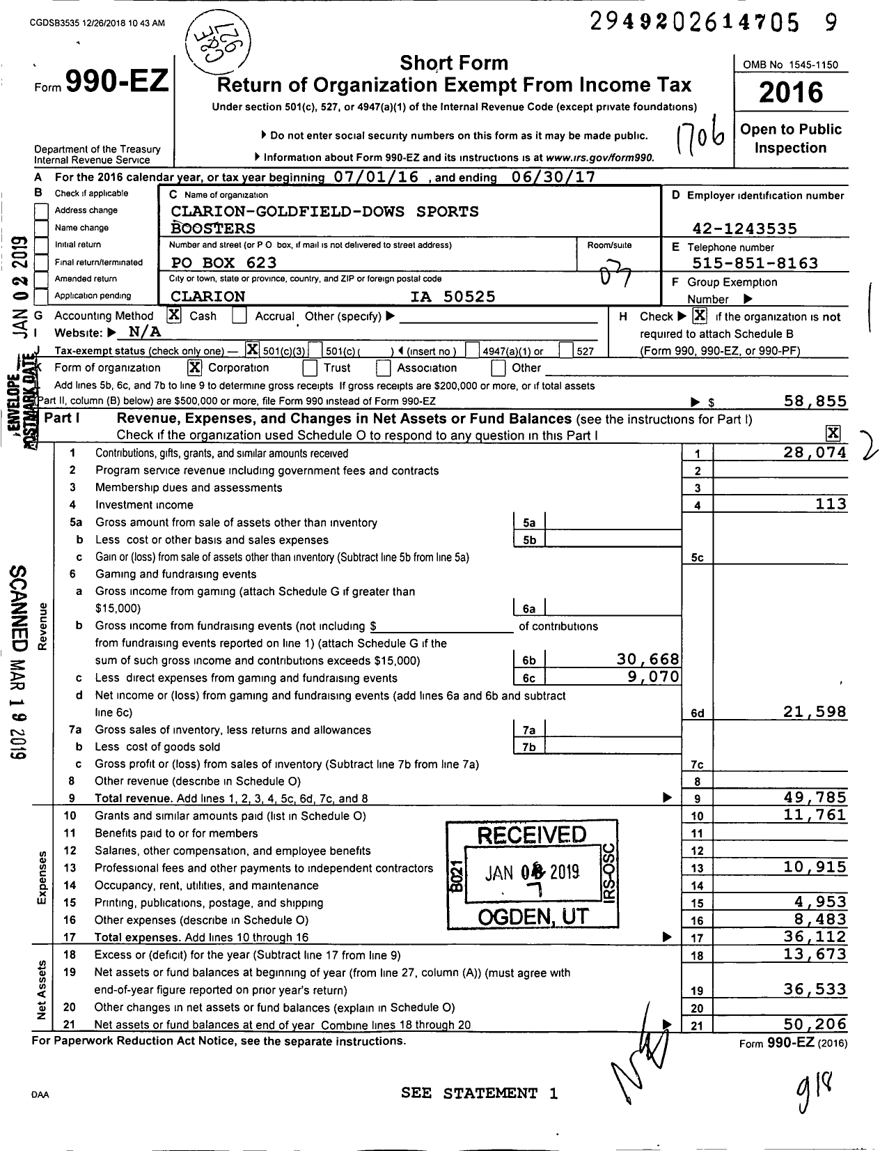 Image of first page of 2016 Form 990EZ for Clarion-Goldfield Sports Boosters