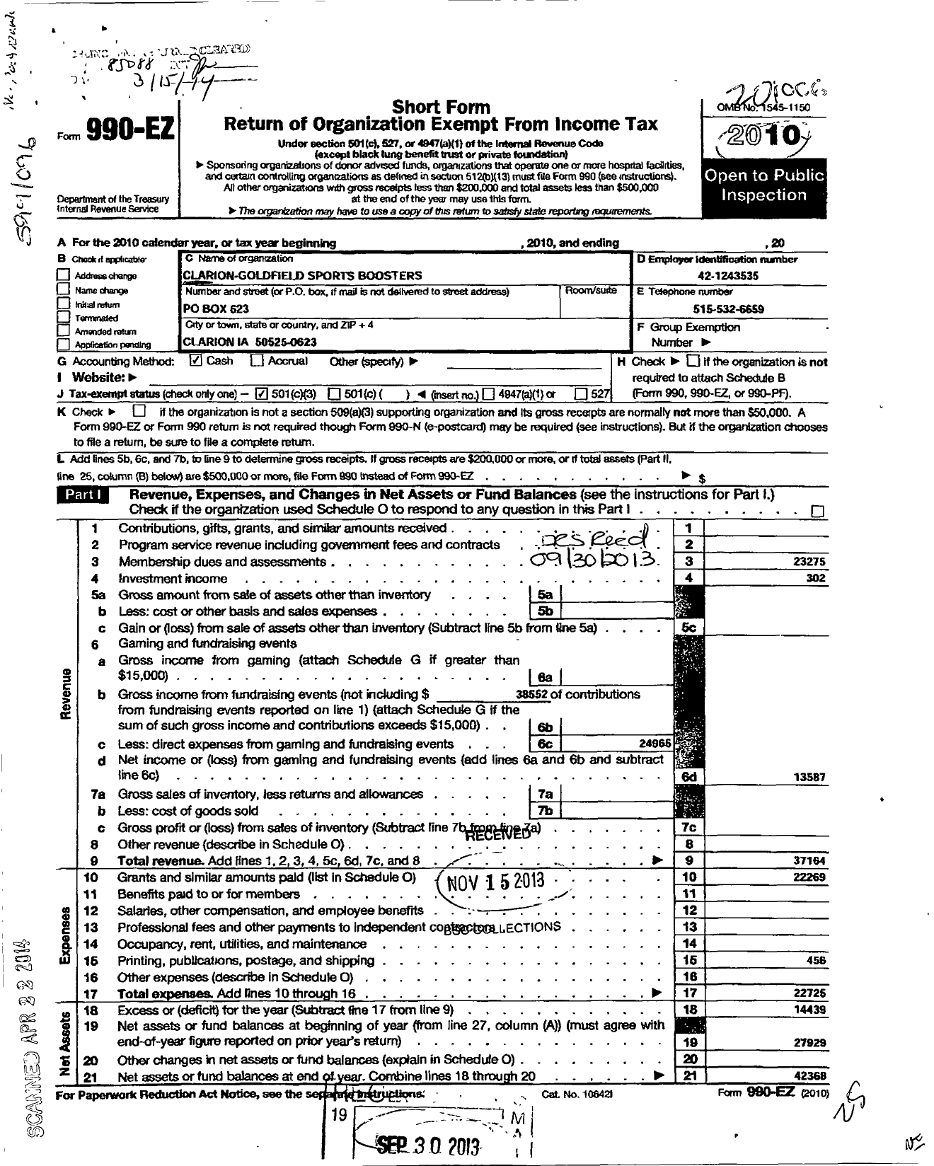 Image of first page of 2010 Form 990EZ for Clarion-Goldfield Sports Boosters