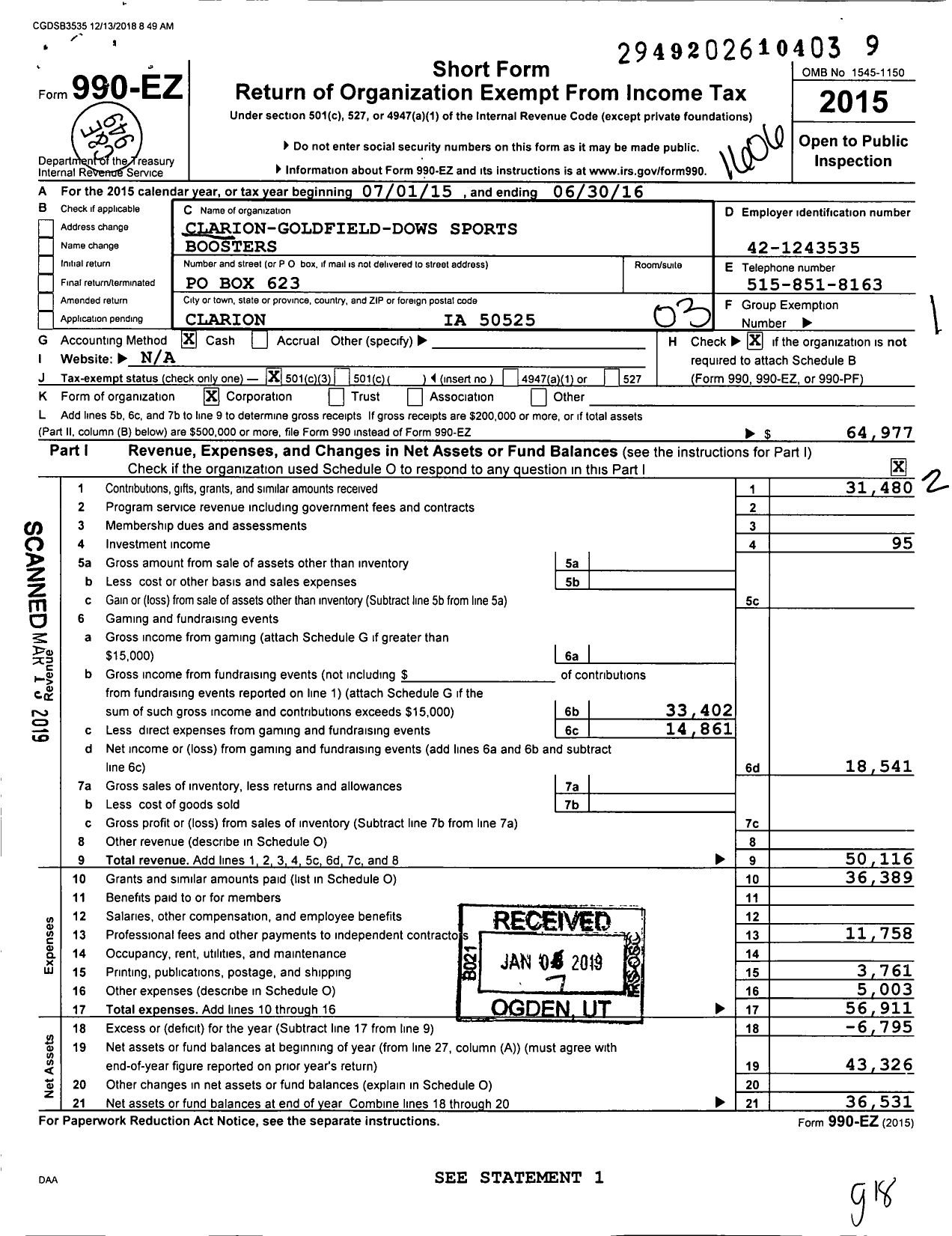 Image of first page of 2015 Form 990EZ for Clarion-Goldfield Sports Boosters