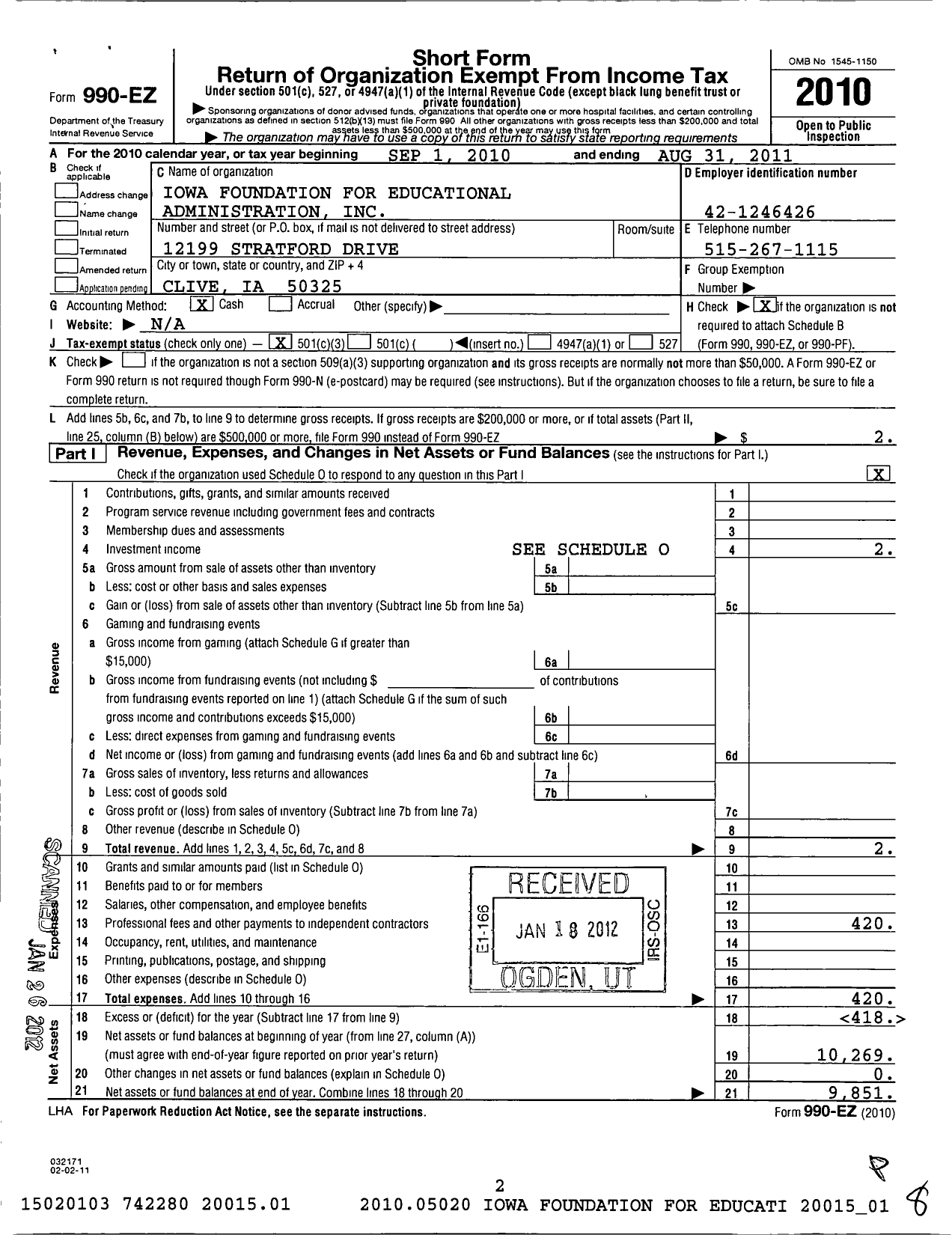 Image of first page of 2010 Form 990EZ for Iowa Foundation for Educational Administration