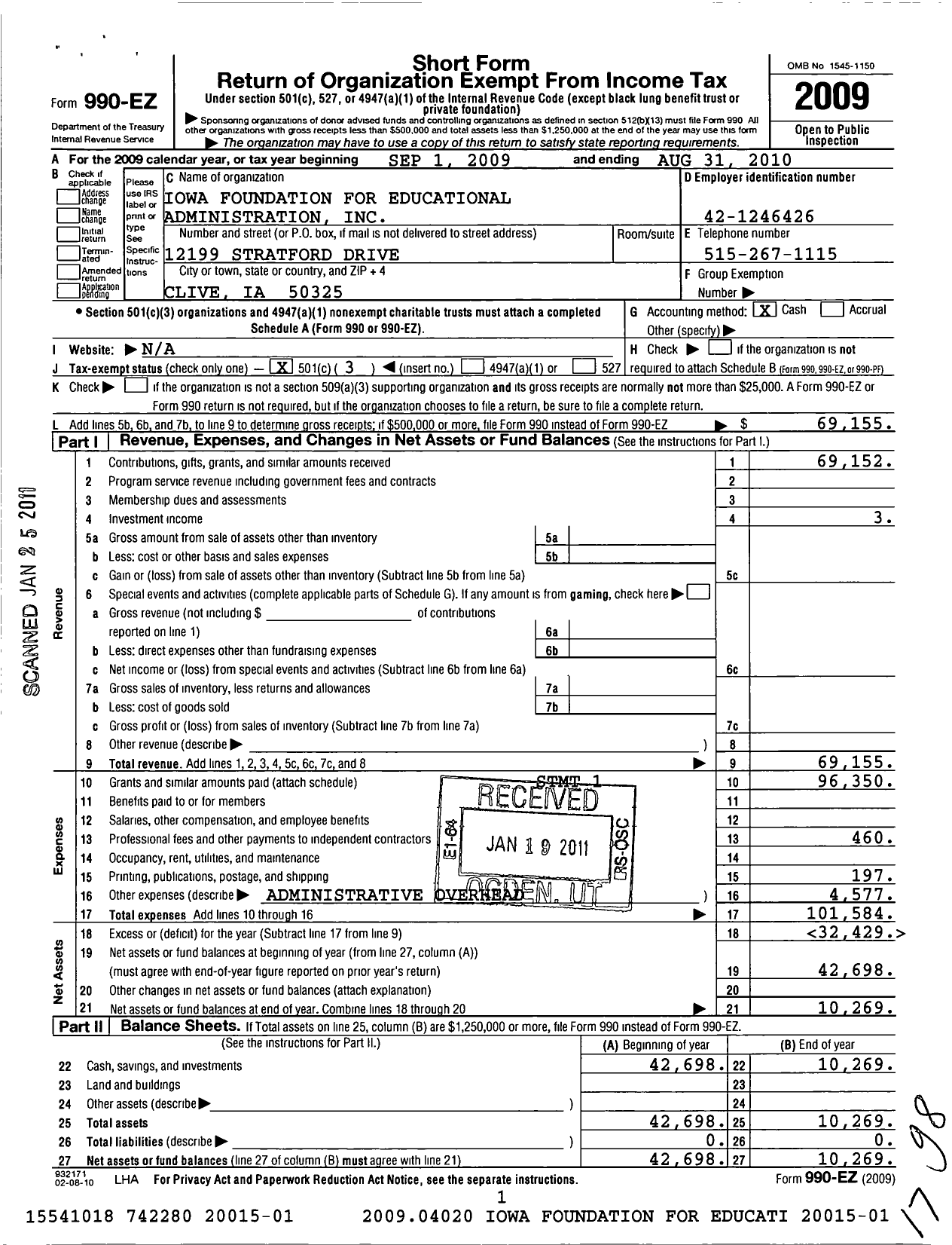 Image of first page of 2009 Form 990EZ for Iowa Foundation for Educational Administration