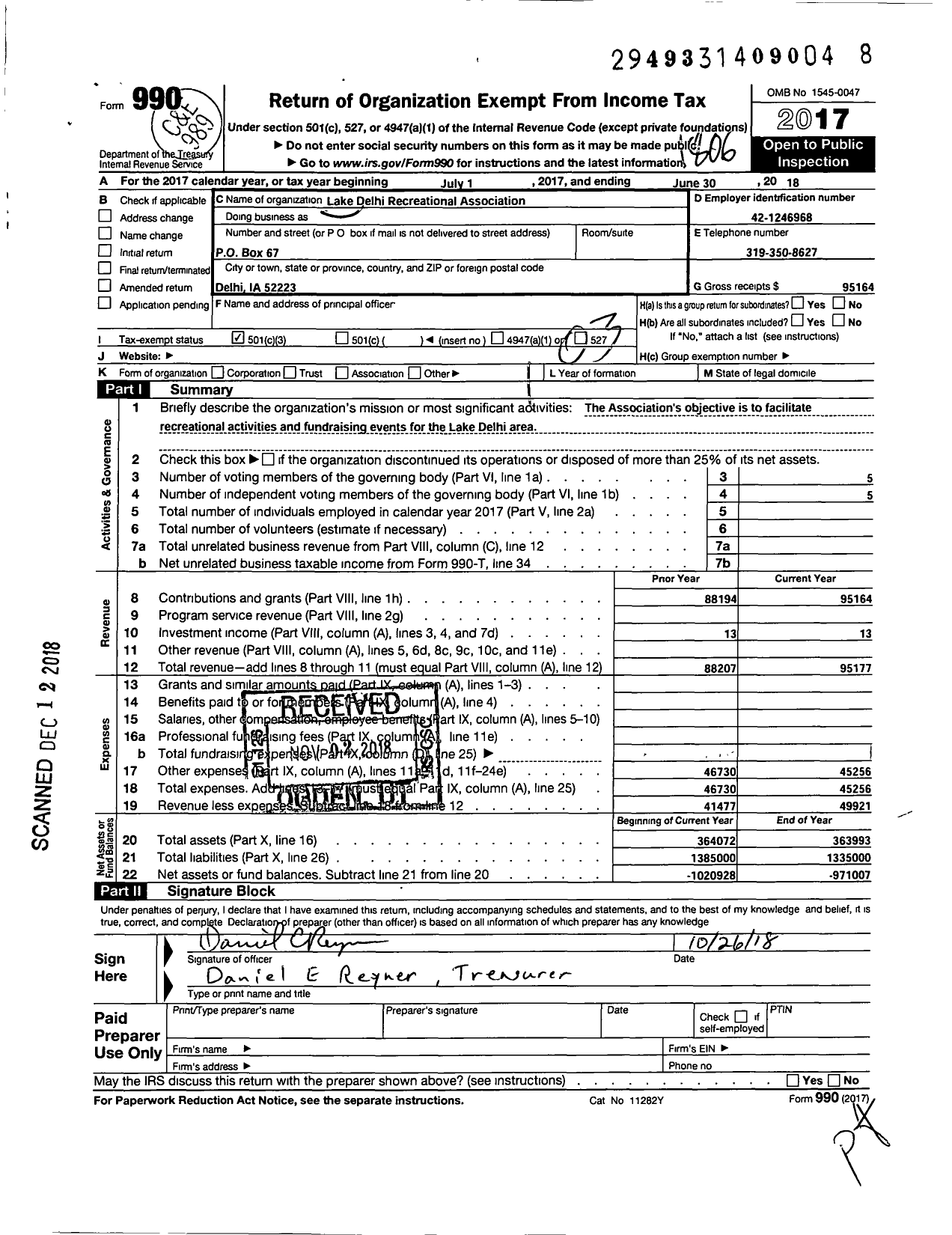 Image of first page of 2017 Form 990 for Lake Delhi Recreational Association