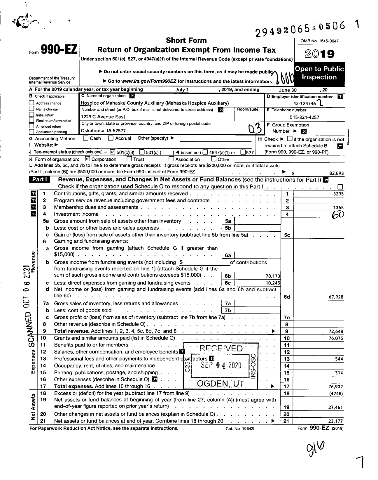 Image of first page of 2019 Form 990EZ for Mahaska Hospice Auxiliary