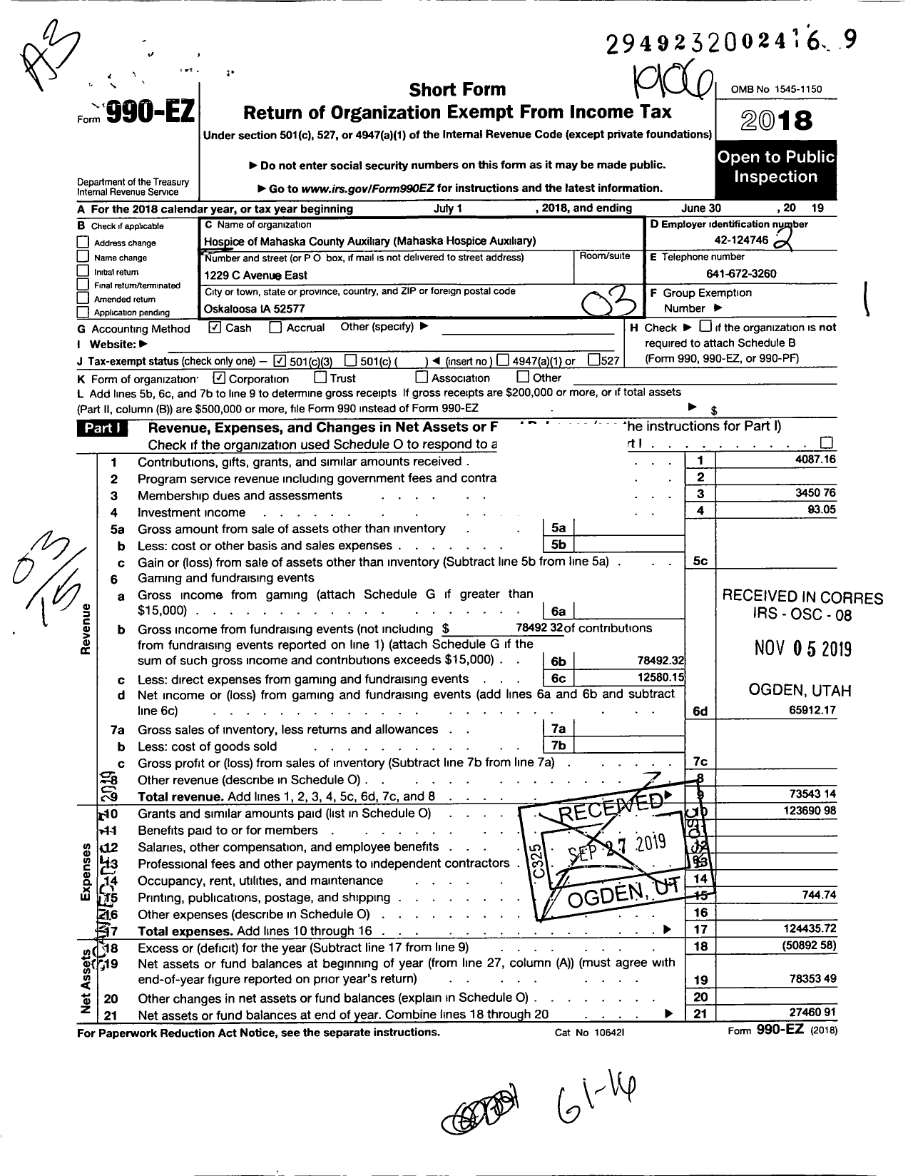 Image of first page of 2018 Form 990EZ for Mahaska Hospice Auxiliary