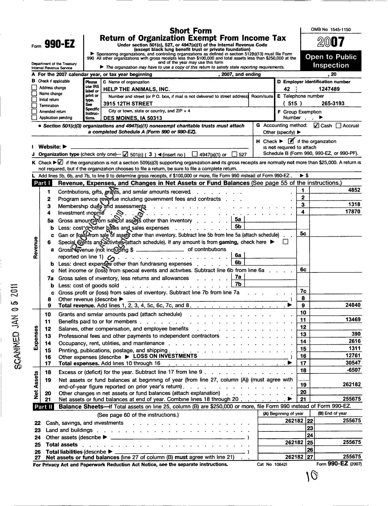 Image of first page of 2007 Form 990EZ for Help the Animals