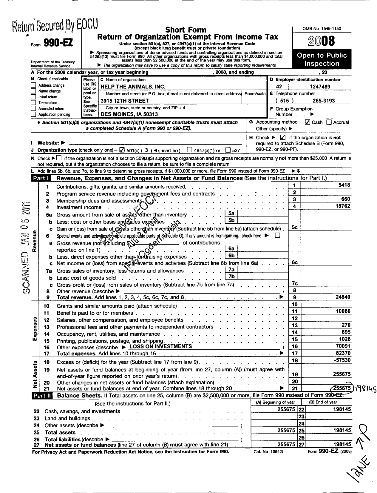 Image of first page of 2008 Form 990EZ for Help the Animals