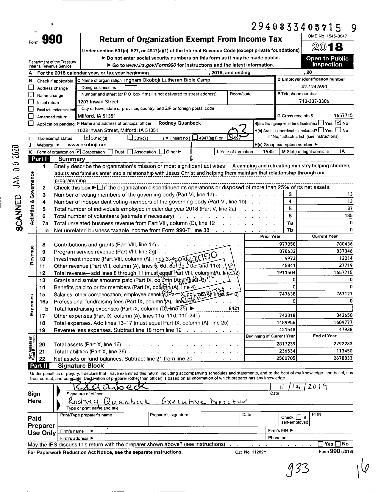 Image of first page of 2018 Form 990 for Ingham-Okoboji Lutheran Bible Camp Association