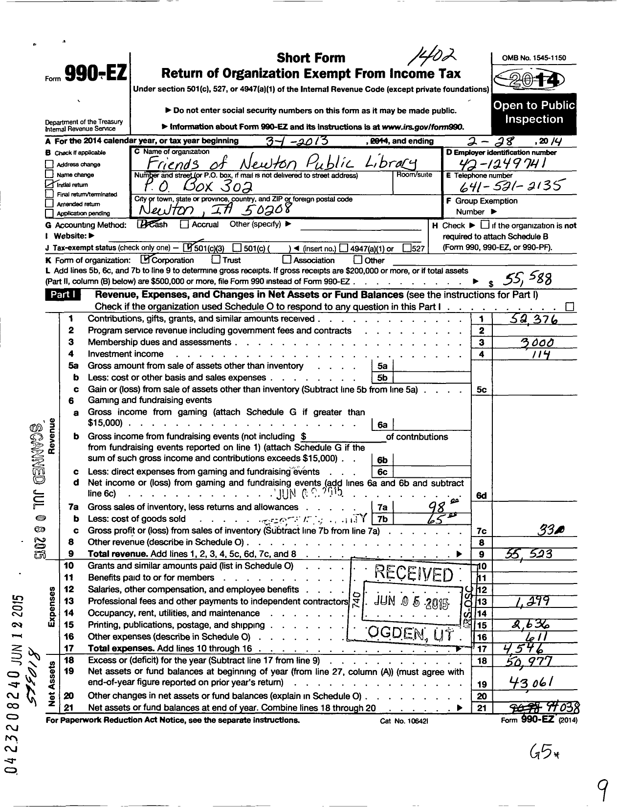 Image of first page of 2013 Form 990EZ for Friends of the Newton Public Library