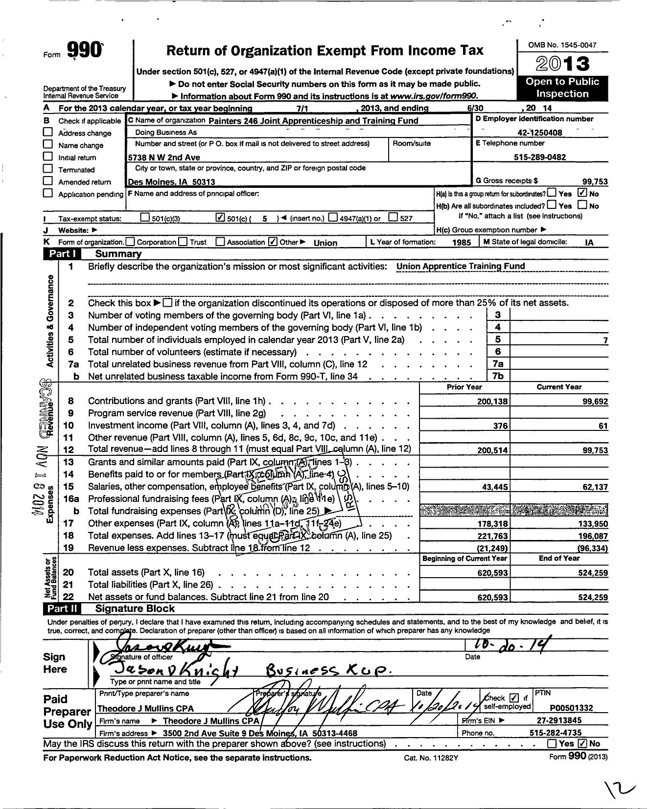 Image of first page of 2013 Form 990O for Painters 246 Joint Apprenticeship and Training Fund