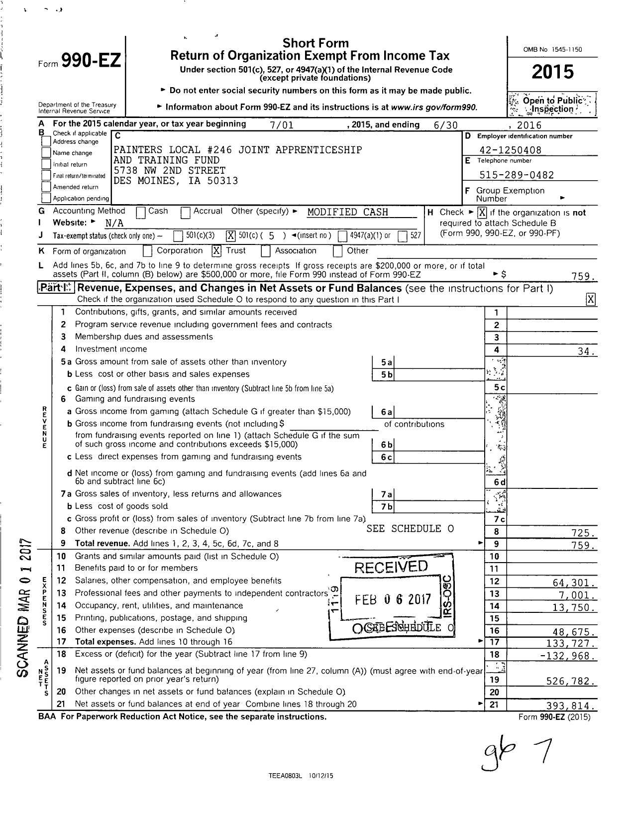 Image of first page of 2015 Form 990EO for Painters 246 Joint Apprenticeship and Training Fund