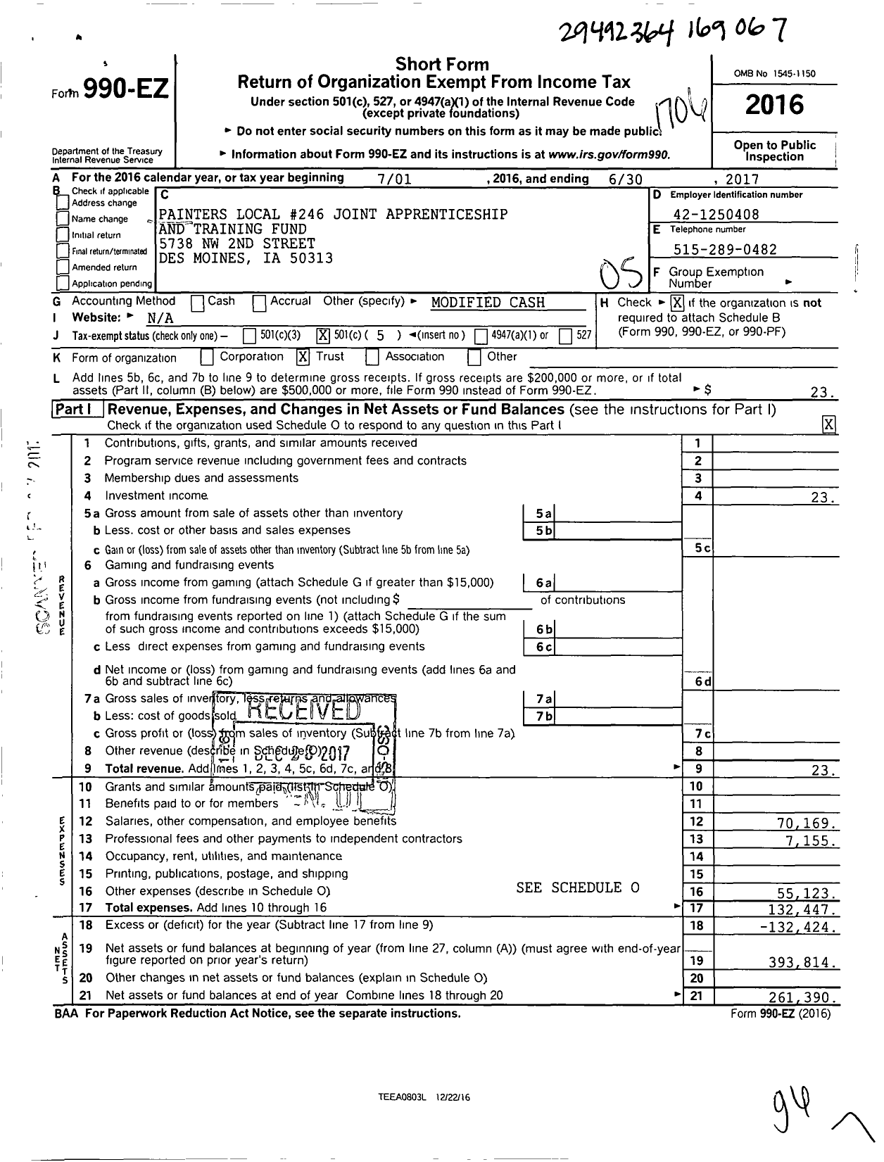 Image of first page of 2016 Form 990EO for Painters 246 Joint Apprenticeship and Training Fund