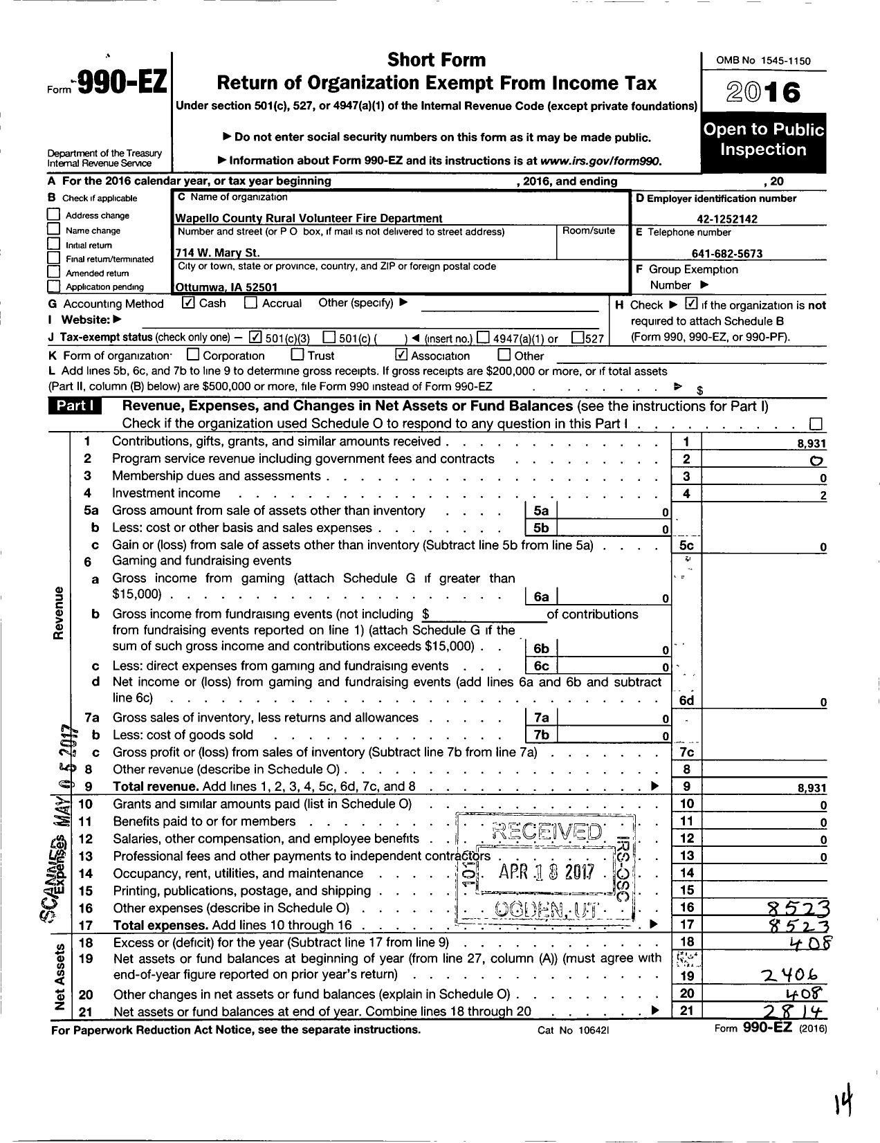 Image of first page of 2016 Form 990EZ for Wapello County Rural Volunteer Fire Department