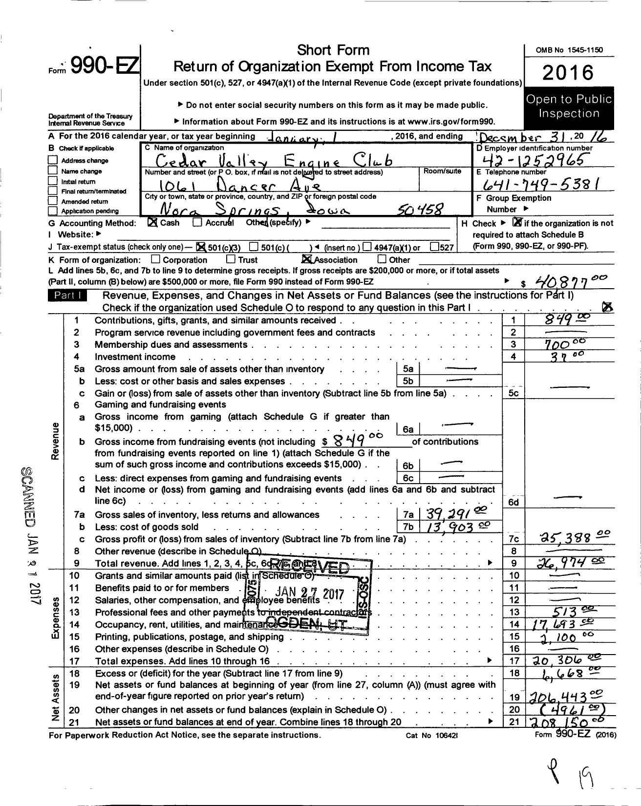 Image of first page of 2016 Form 990EZ for Cedar Valley Engine Club