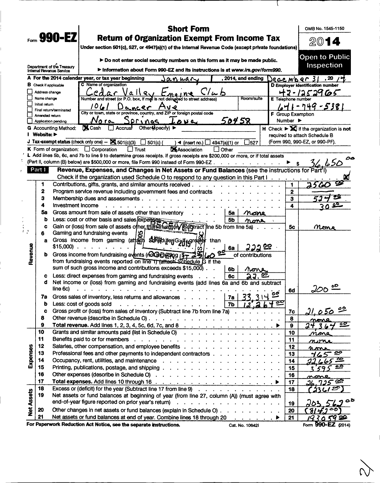 Image of first page of 2014 Form 990EZ for Cedar Valley Engine Club