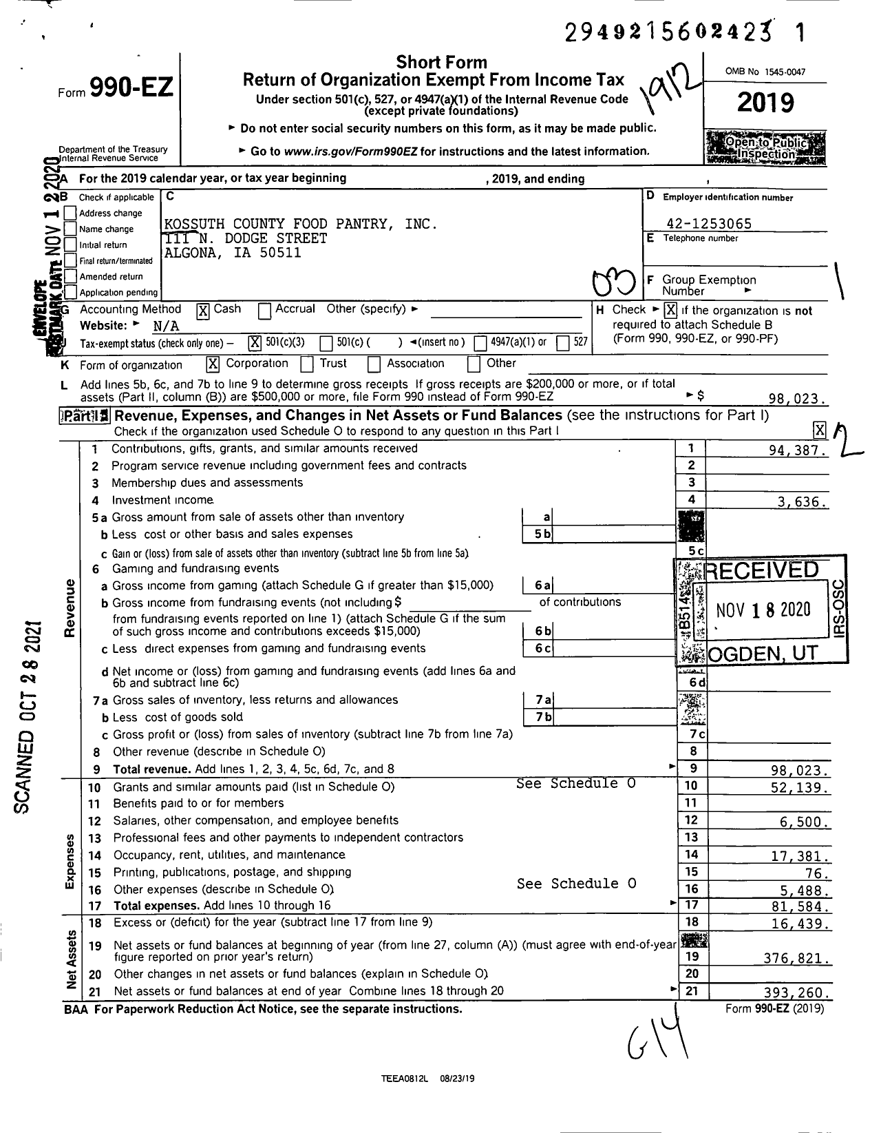 Image of first page of 2019 Form 990EZ for Kossuth County Food Pantry