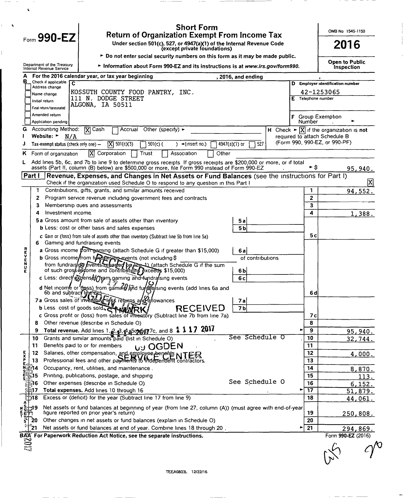 Image of first page of 2016 Form 990EZ for Kossuth County Food Pantry