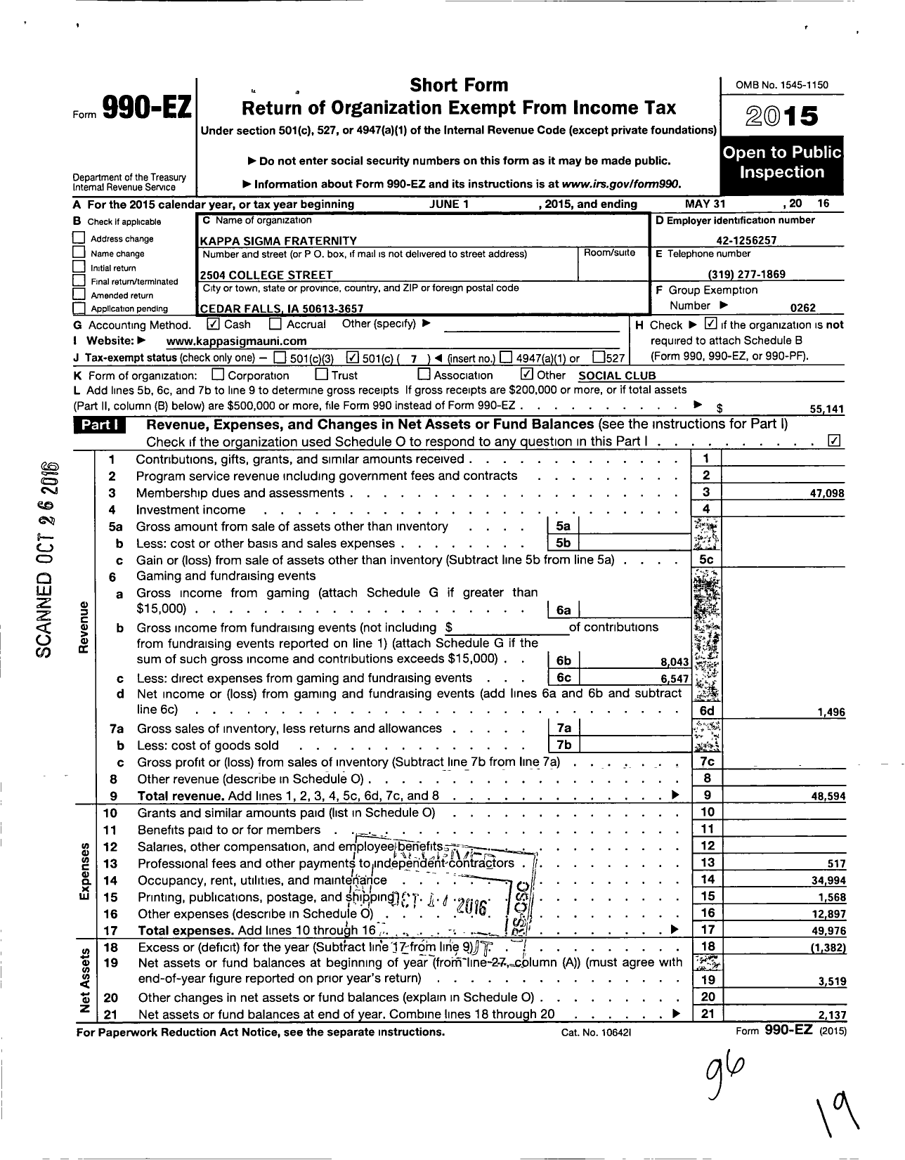 Image of first page of 2015 Form 990EO for Kappa Sigma Fraternity - 246 Mu-Upsilon Chapter