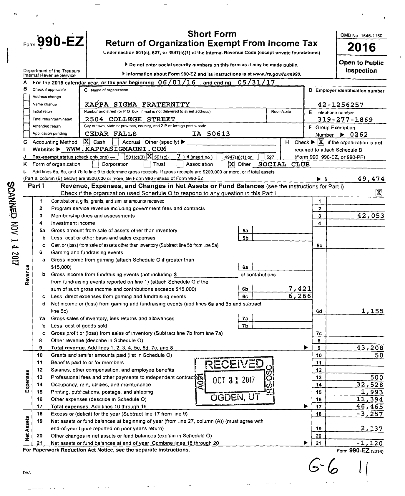 Image of first page of 2016 Form 990EO for Kappa Sigma Fraternity - 246 Mu-Upsilon Chapter