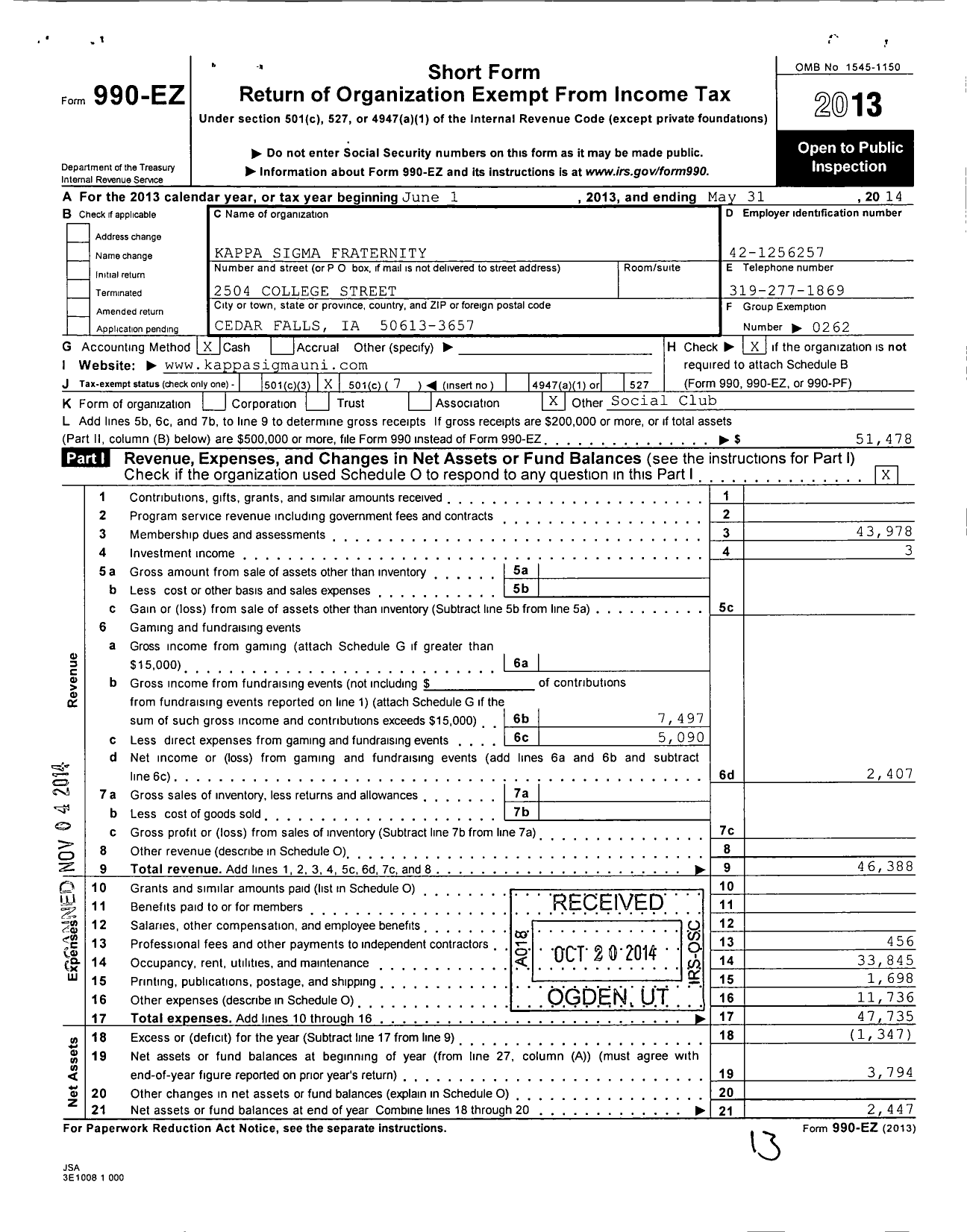 Image of first page of 2013 Form 990EO for Kappa Sigma Fraternity - 246 Mu-Upsilon Chapter