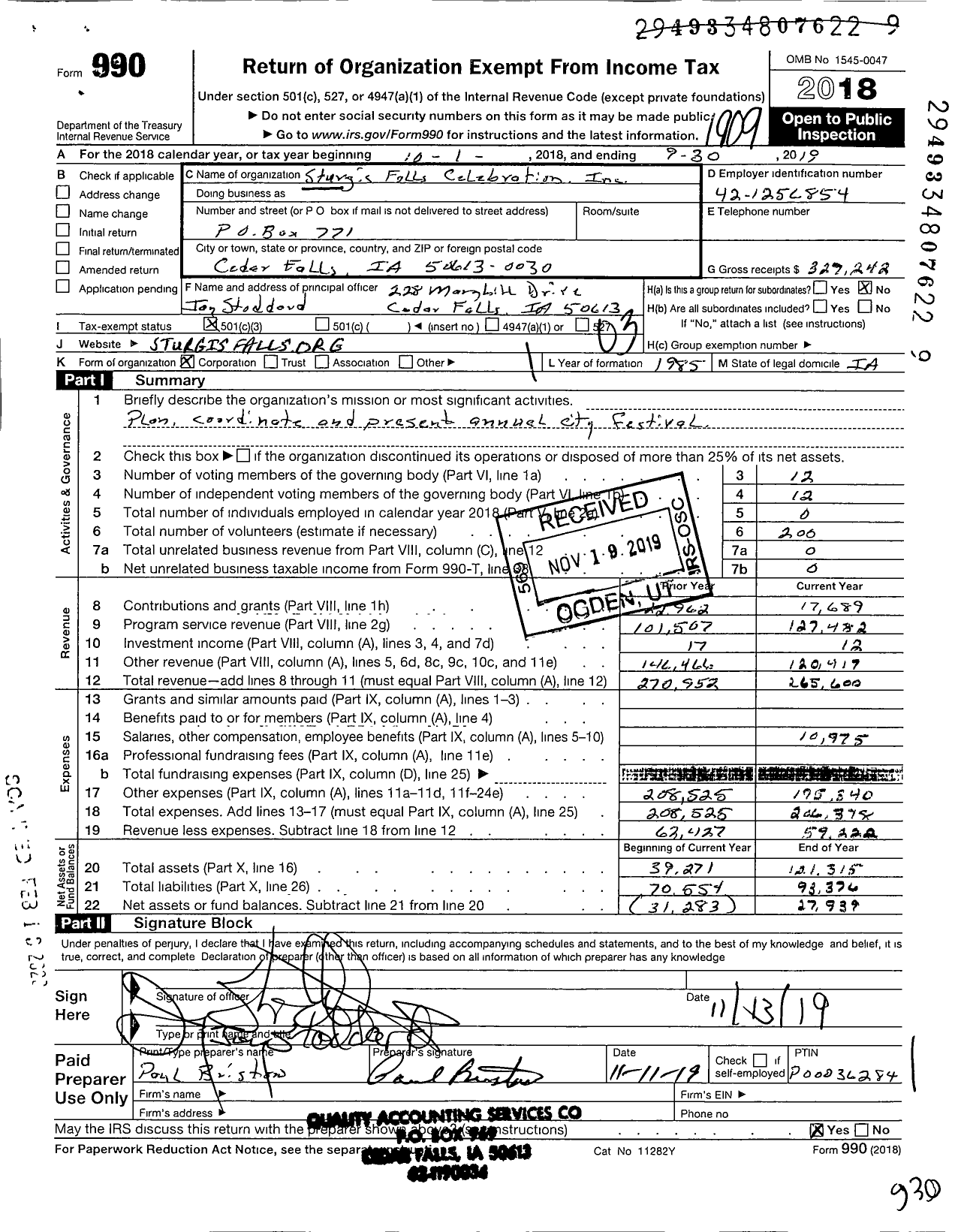 Image of first page of 2018 Form 990 for Sturgis Falls Celebration