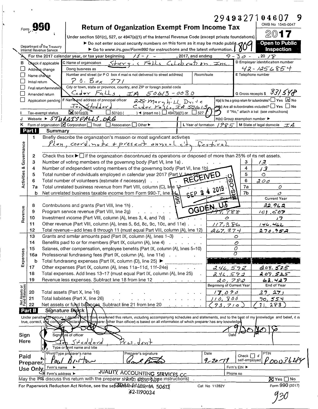 Image of first page of 2017 Form 990 for Sturgis Falls Celebration