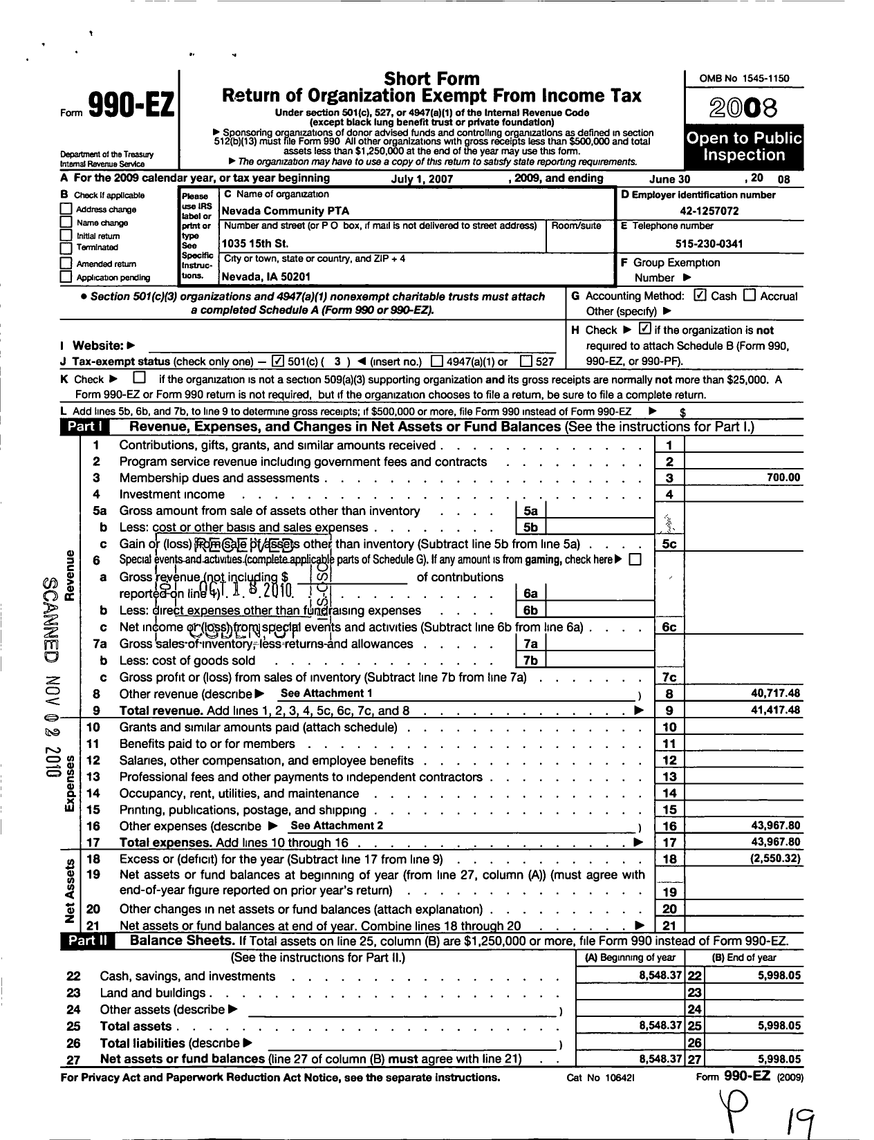 Image of first page of 2007 Form 990EZ for PTA Iowa Congress / Nevada Comm PTA