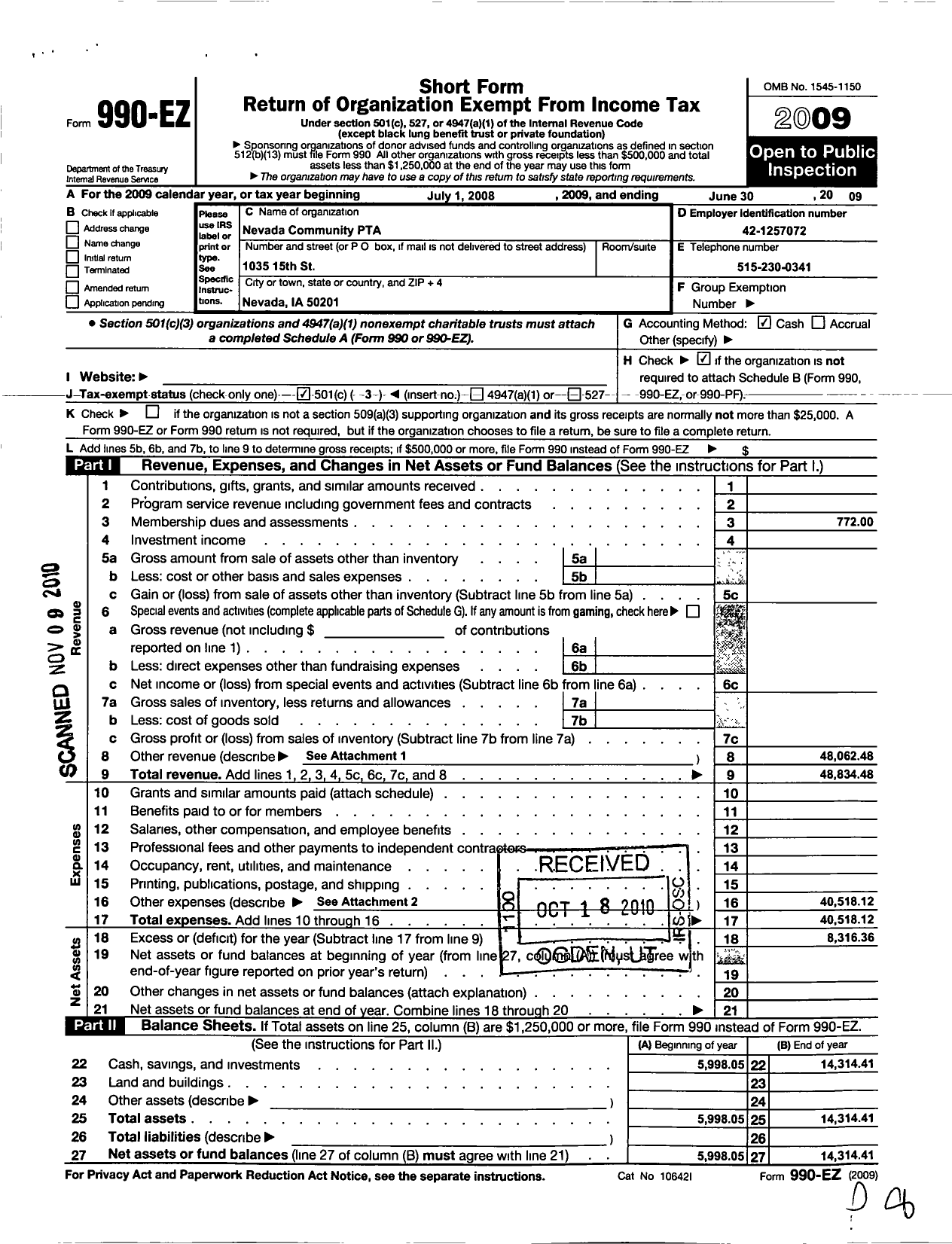 Image of first page of 2008 Form 990EZ for PTA Iowa Congress / Nevada Comm PTA