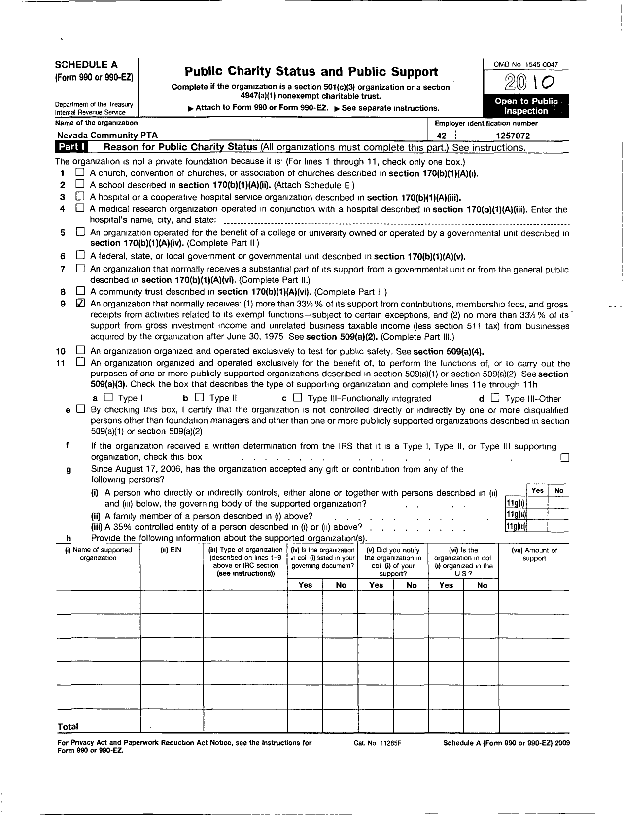 Image of first page of 2009 Form 990ER for PTA Iowa Congress / Nevada Comm PTA