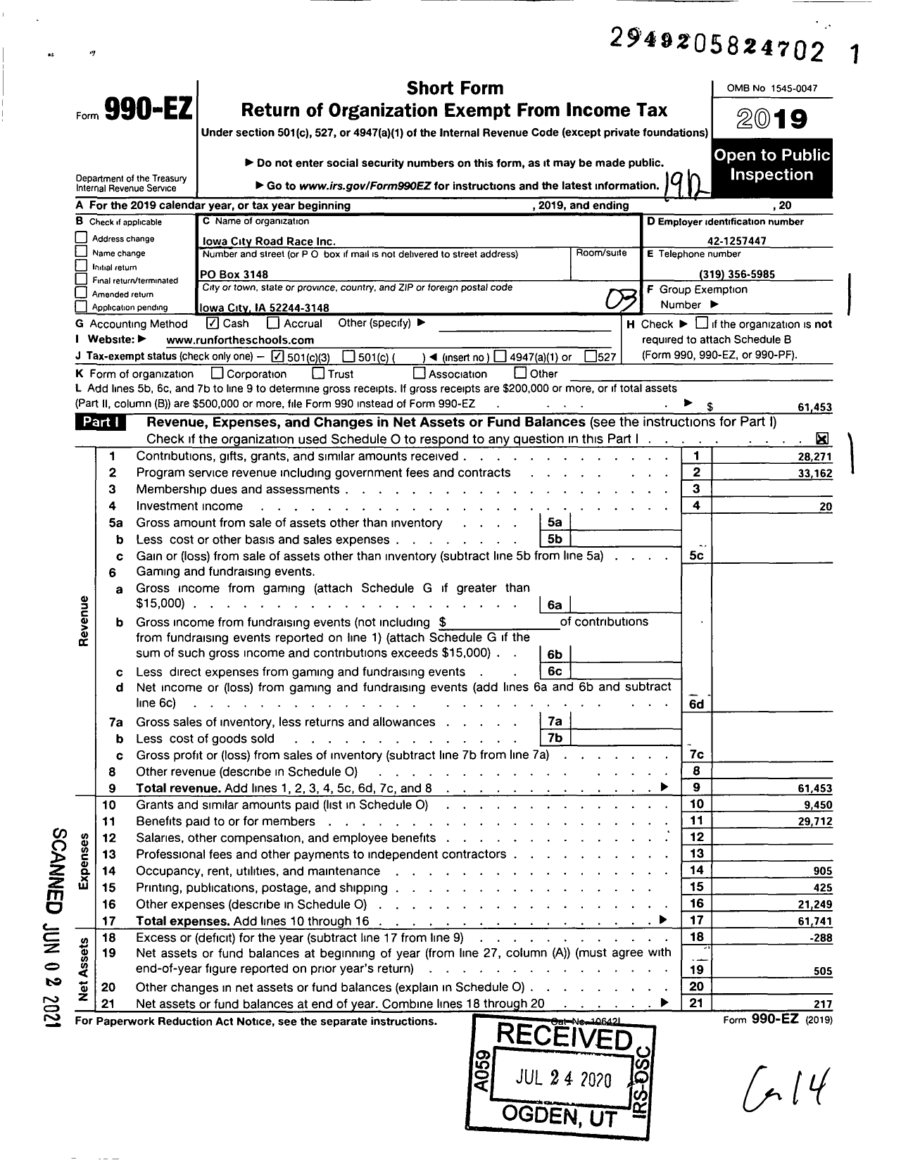 Image of first page of 2019 Form 990EZ for Iowa City Road Races