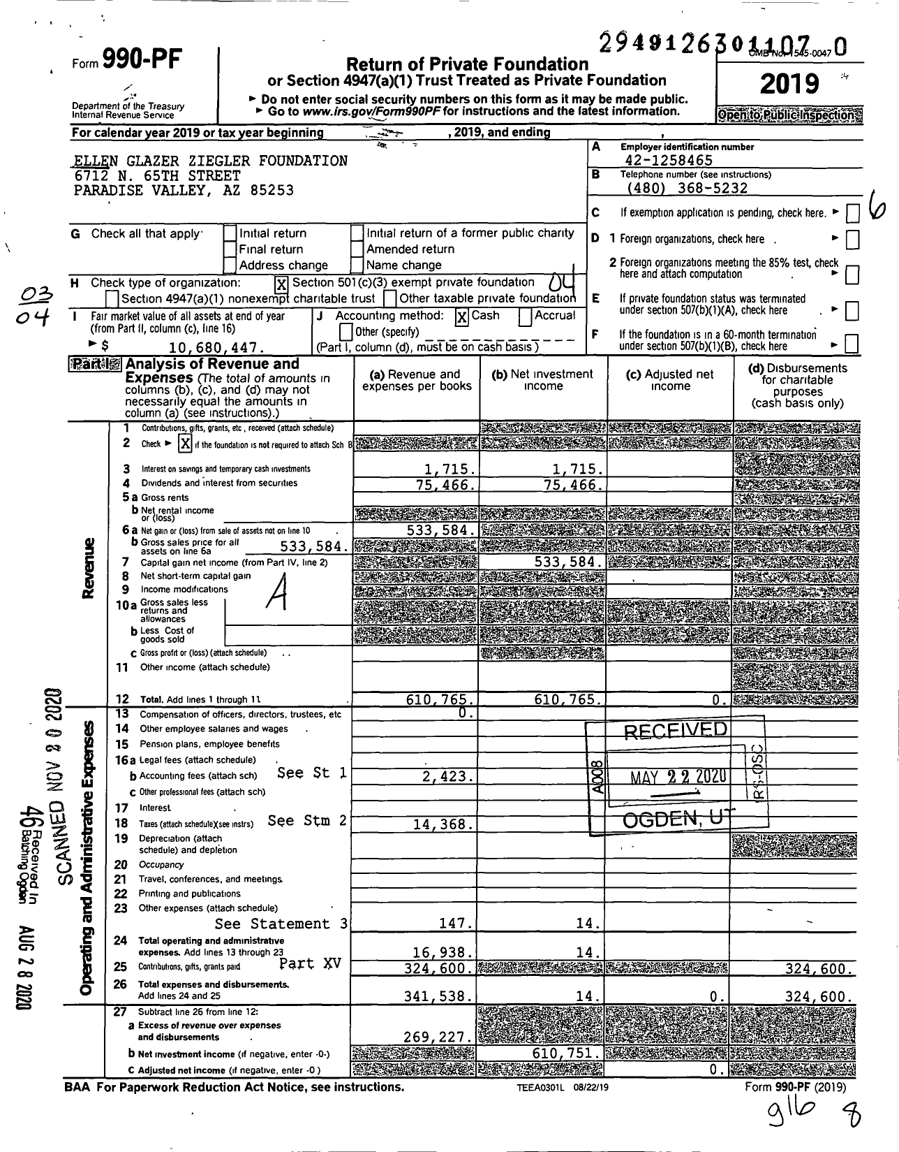 Image of first page of 2019 Form 990PF for Ellen Glazer Ziegler Foundation