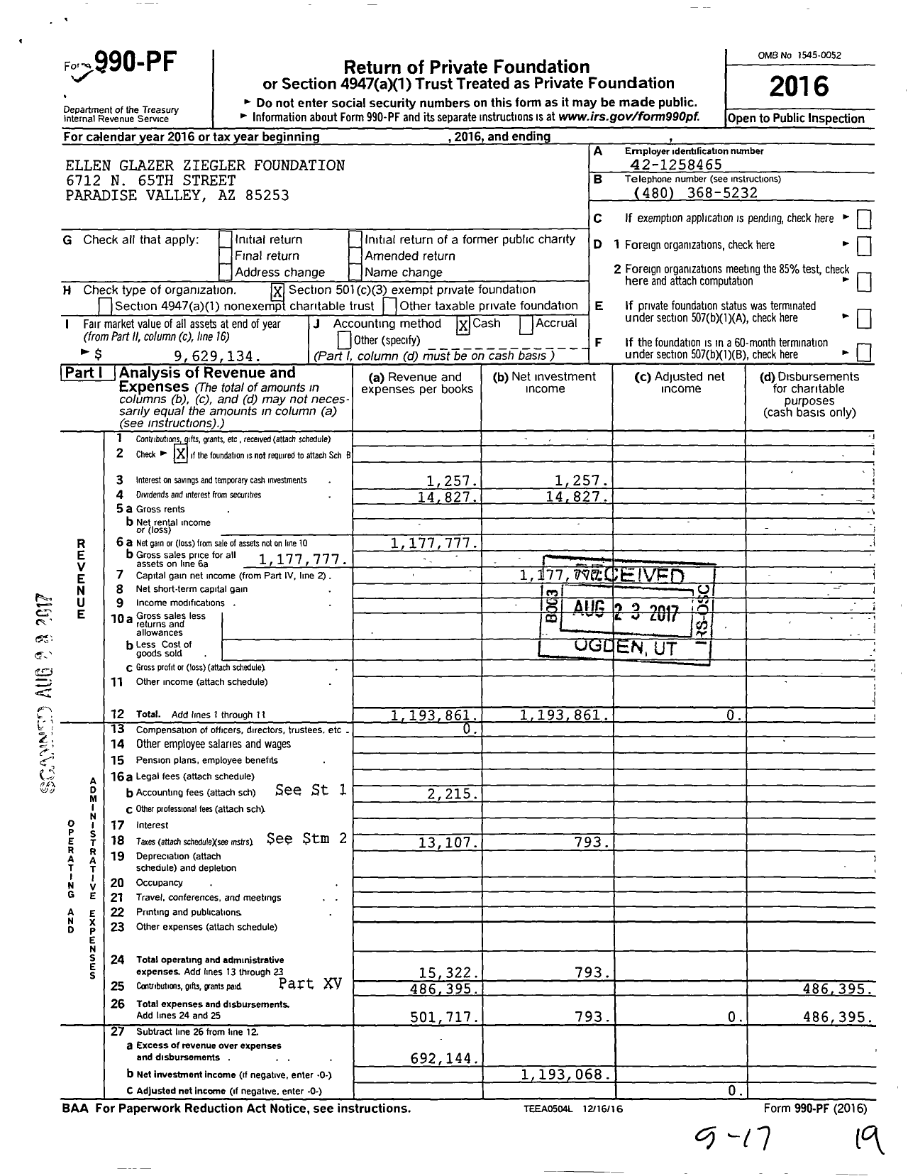 Image of first page of 2016 Form 990PF for Ellen Glazer Ziegler Foundation