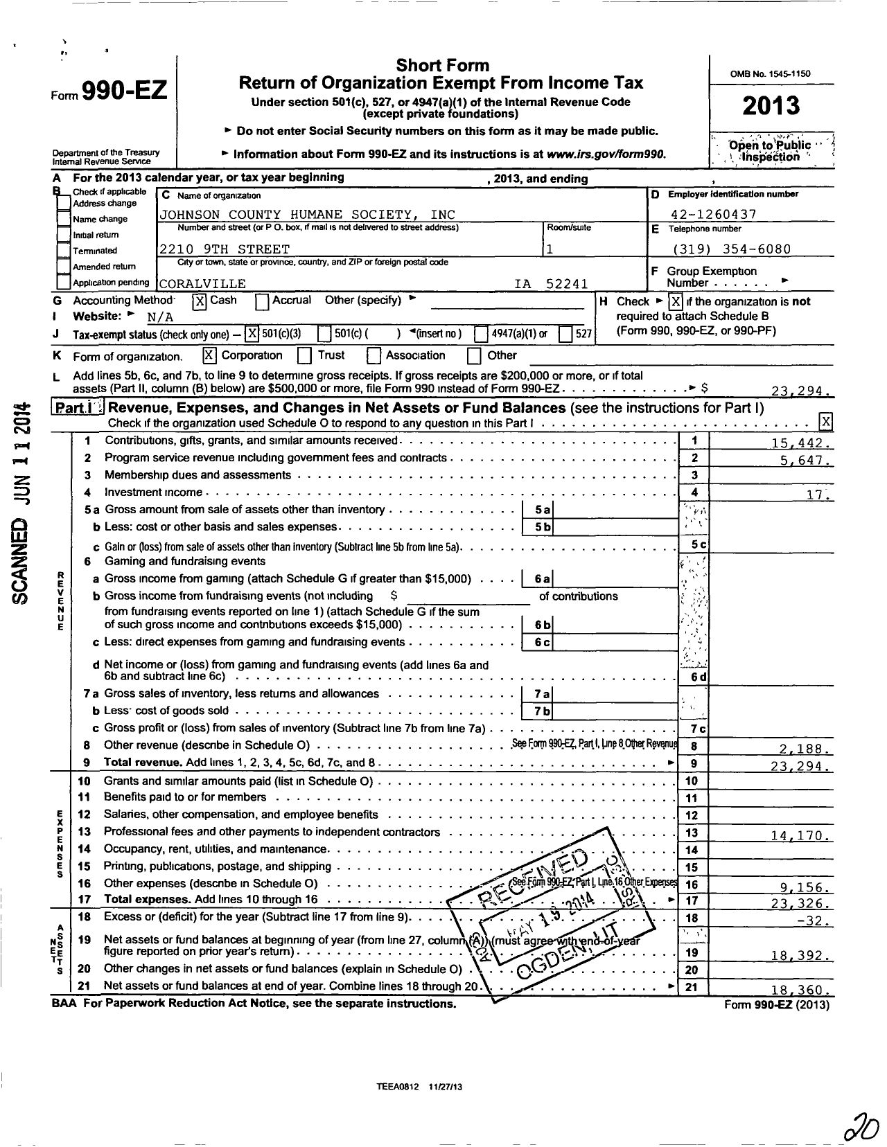 Image of first page of 2013 Form 990EZ for Johnson County Humane Society