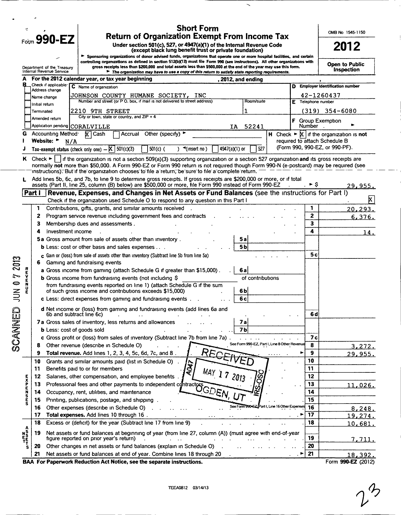 Image of first page of 2012 Form 990EZ for Johnson County Humane Society