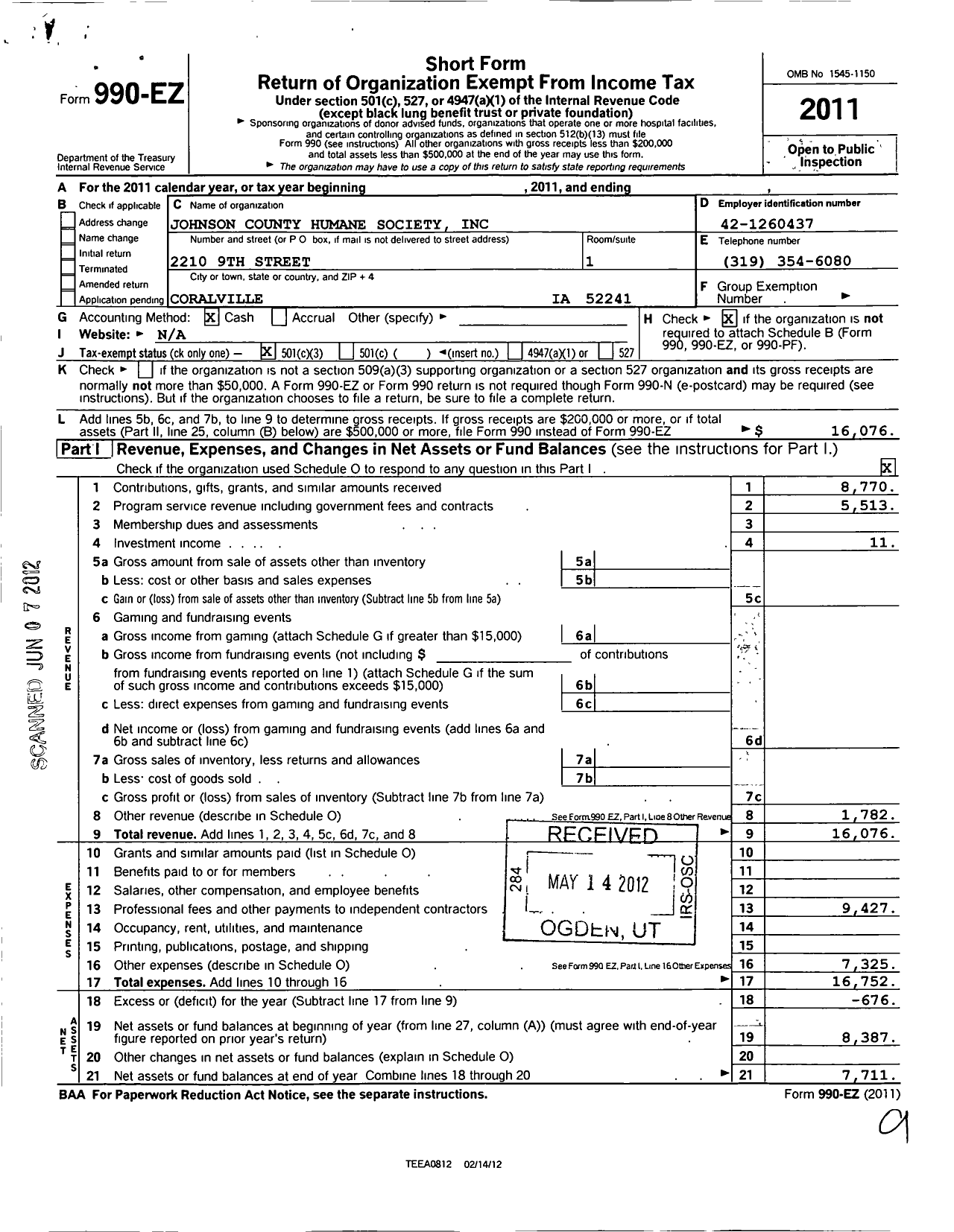 Image of first page of 2011 Form 990EZ for Johnson County Humane Society