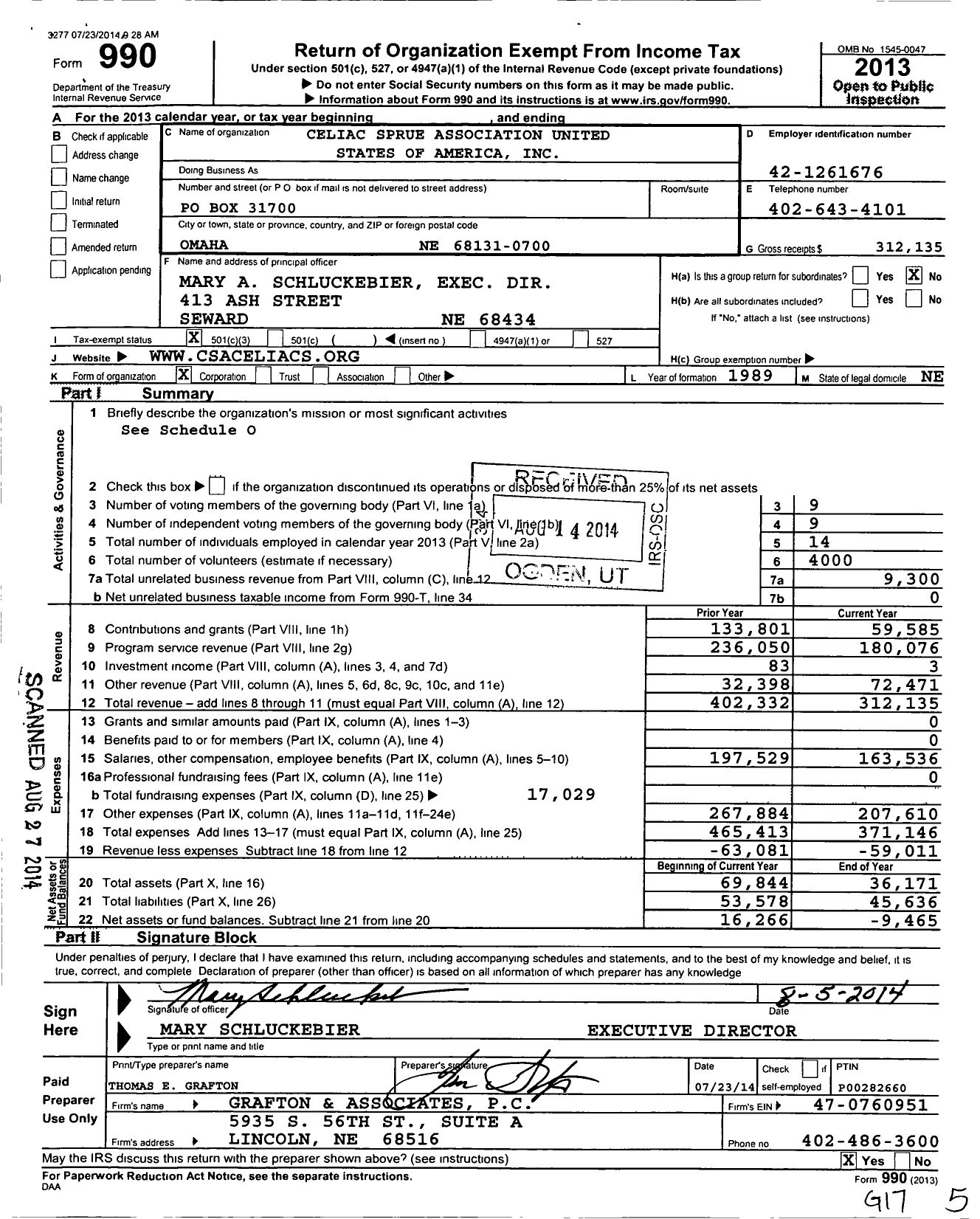 Image of first page of 2013 Form 990 for Celiac Support Association